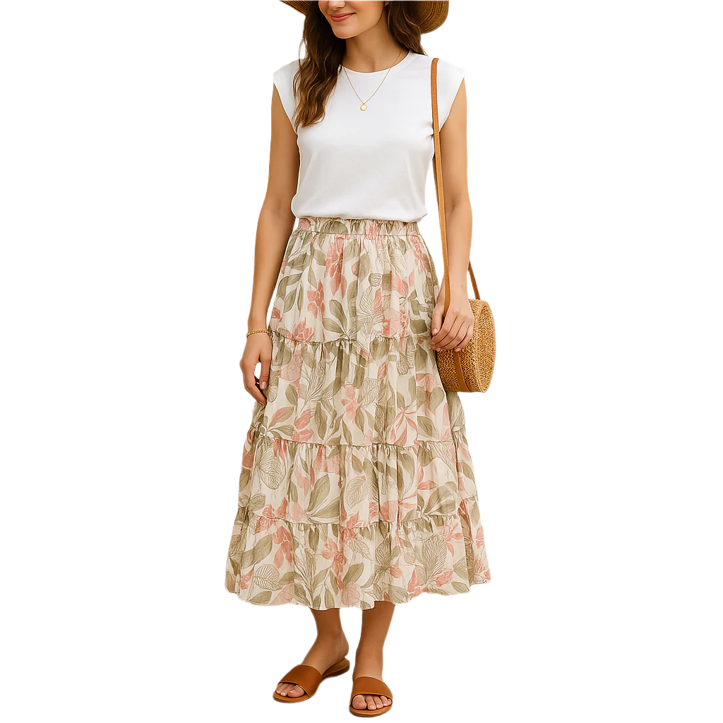 Women's Tiered Midi Skirt – Tropical Print – Size Large – Flowy Summer Skirt (Ardene) on AI generated model