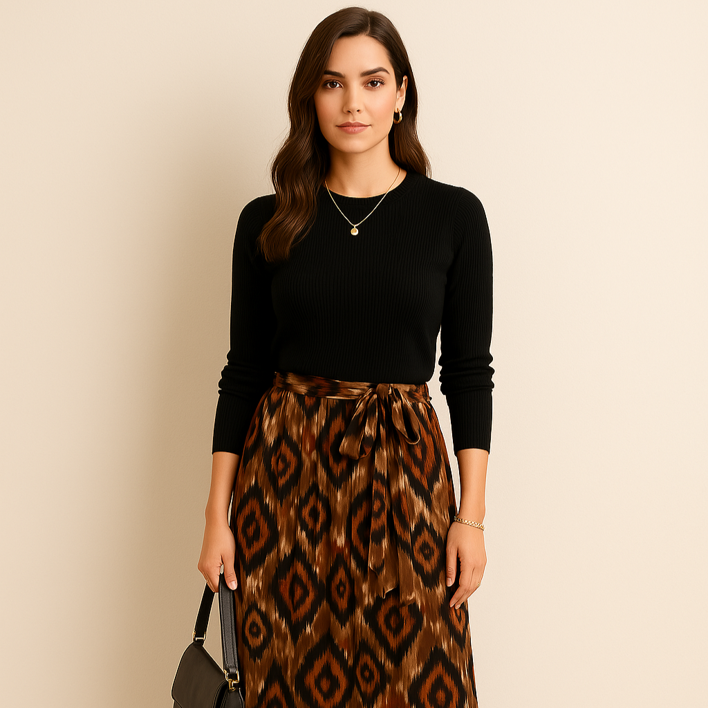 Tribal Print Pleated Midi Skirt – Elastic Waist with Tie – Size Small (Joti Clothes) ai generated model