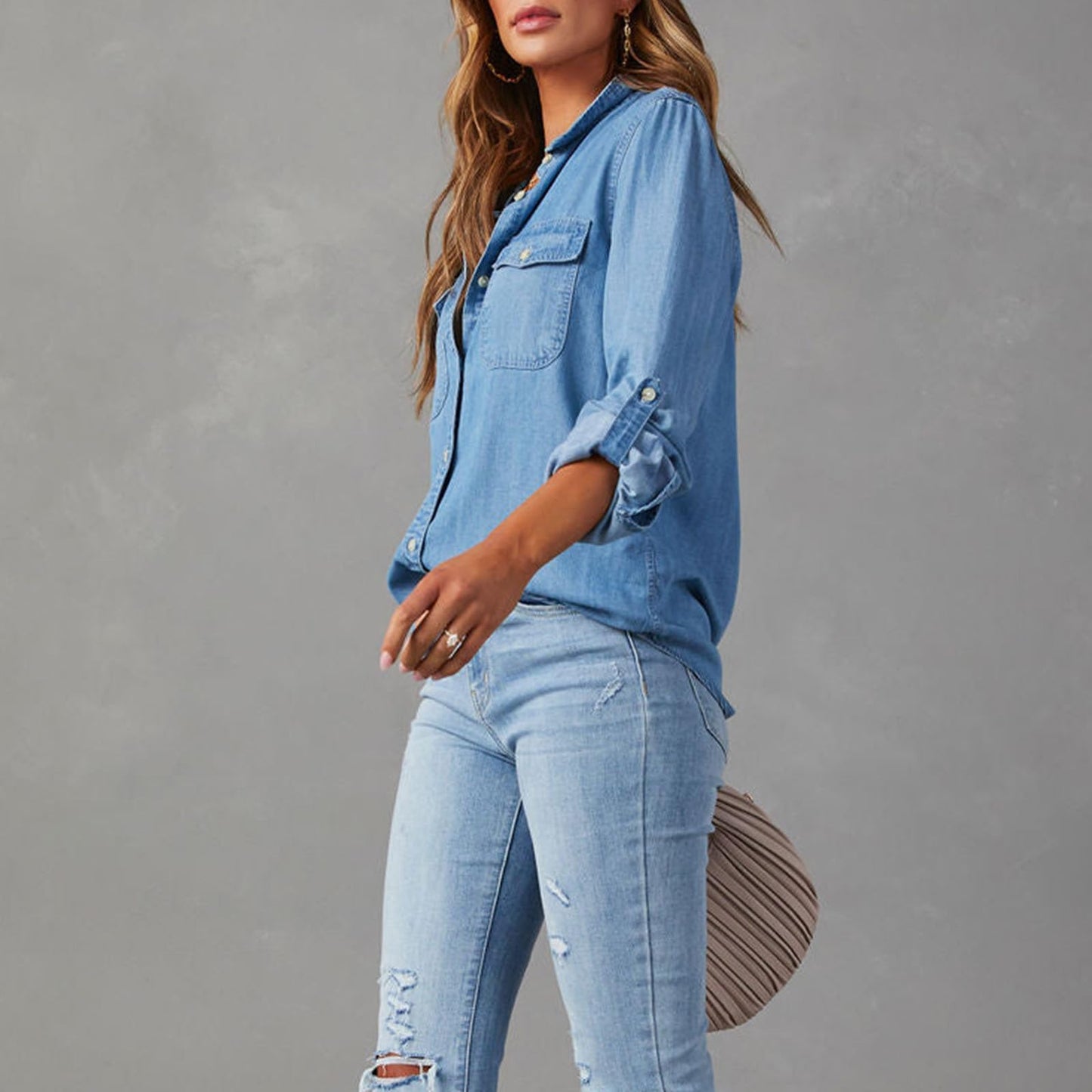 Denim Button-Down Shirt – Collared Long Sleeve Jean Blouse with Pocket – Casual Distressed Work Tunic Top