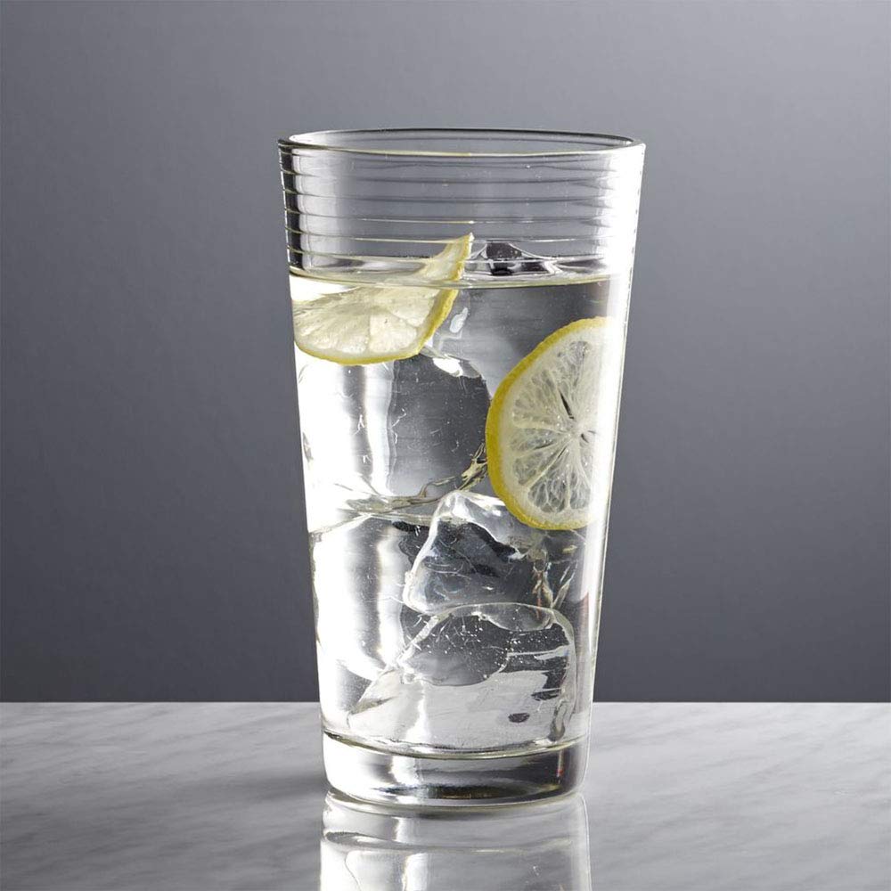16-Piece Ribbed Glassware Set – 8 Highball & 8 Rocks Glasses – Clear Heavy Base Drinking Cups large glass with water and lemons