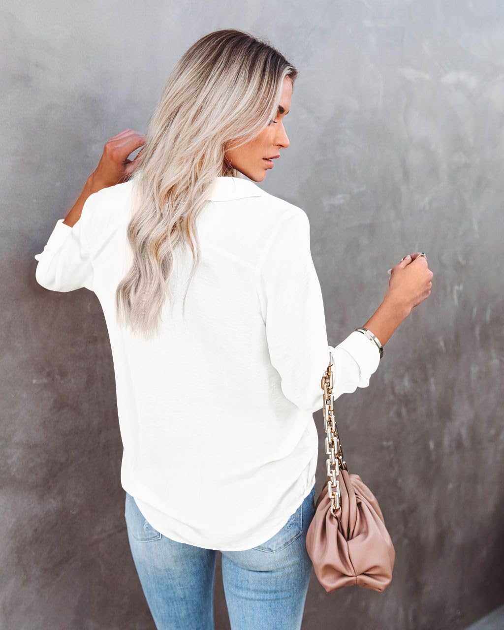 back view Button-Down Blouse – V-Neck, Long Sleeve, Office Casual, Lightweight – (Diosun)