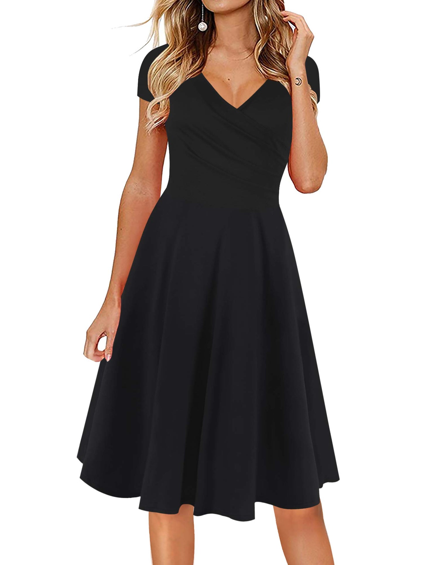 Oxiuly Women's V-Neck Cap Sleeve Swing Dress Black