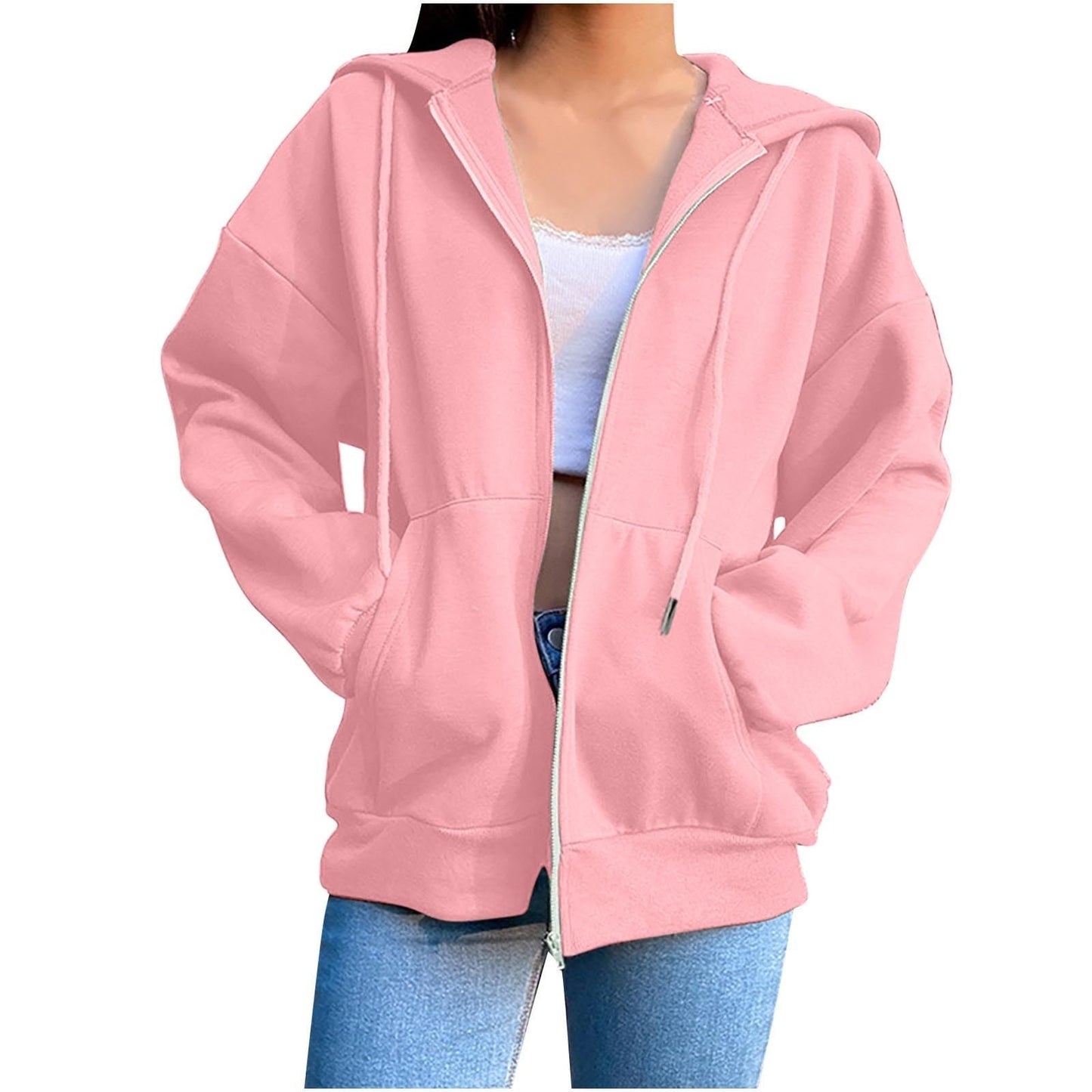 Pink Full Zip Hoodie – Lightweight Drawstring Sweatshirt – Long Sleeve with Pockets