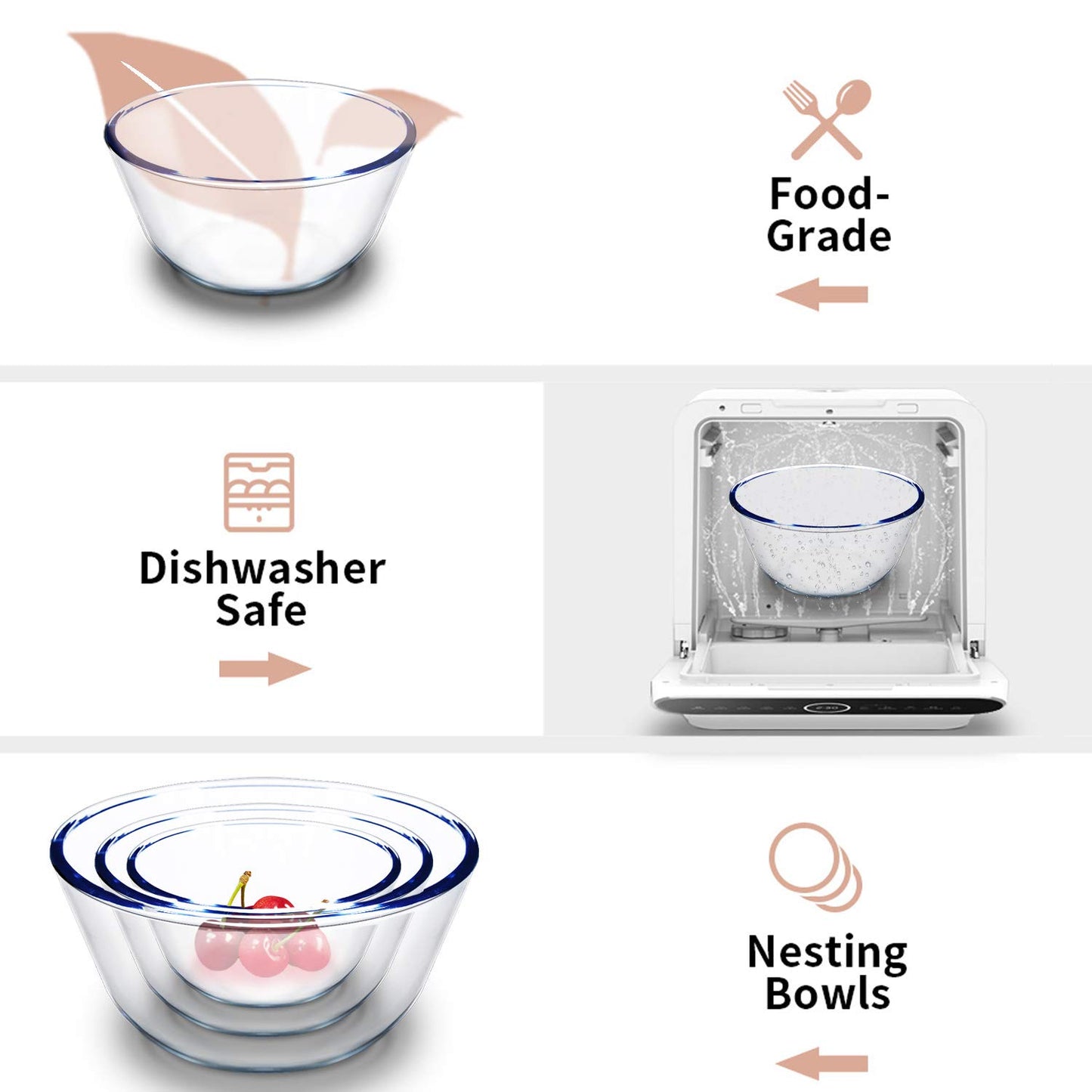 Luvan 3-Piece Glass Mixing Bowls with Airtight Lids – Borosilicate Nesting Bowls for Baking, Prepping, and Storage