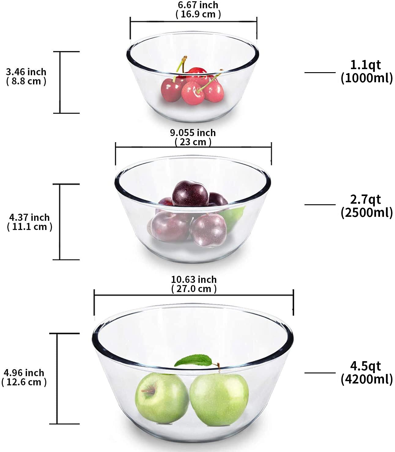 Luvan 3-Piece Glass Mixing Bowls with Airtight Lids – Borosilicate Nesting Bowls for Baking, Prepping, and Storage sizes