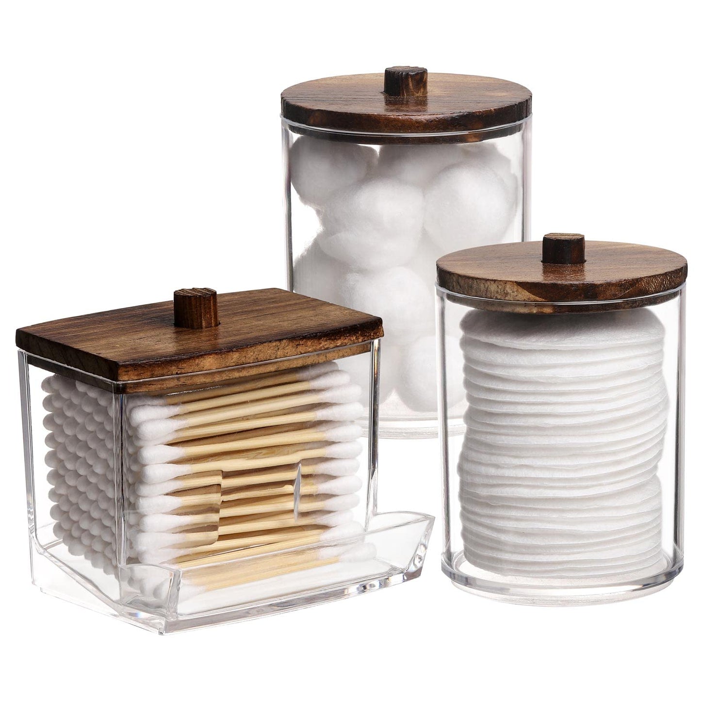 3-Piece Organizer with Brown Wood Lids – Cotton Swab & Cotton Ball Dispensers