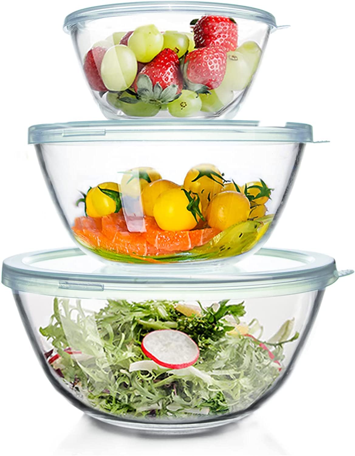 Luvan 3-Piece Glass Mixing Bowls with Airtight Lids – Borosilicate Nesting Bowls for Baking, Prepping, and Storage