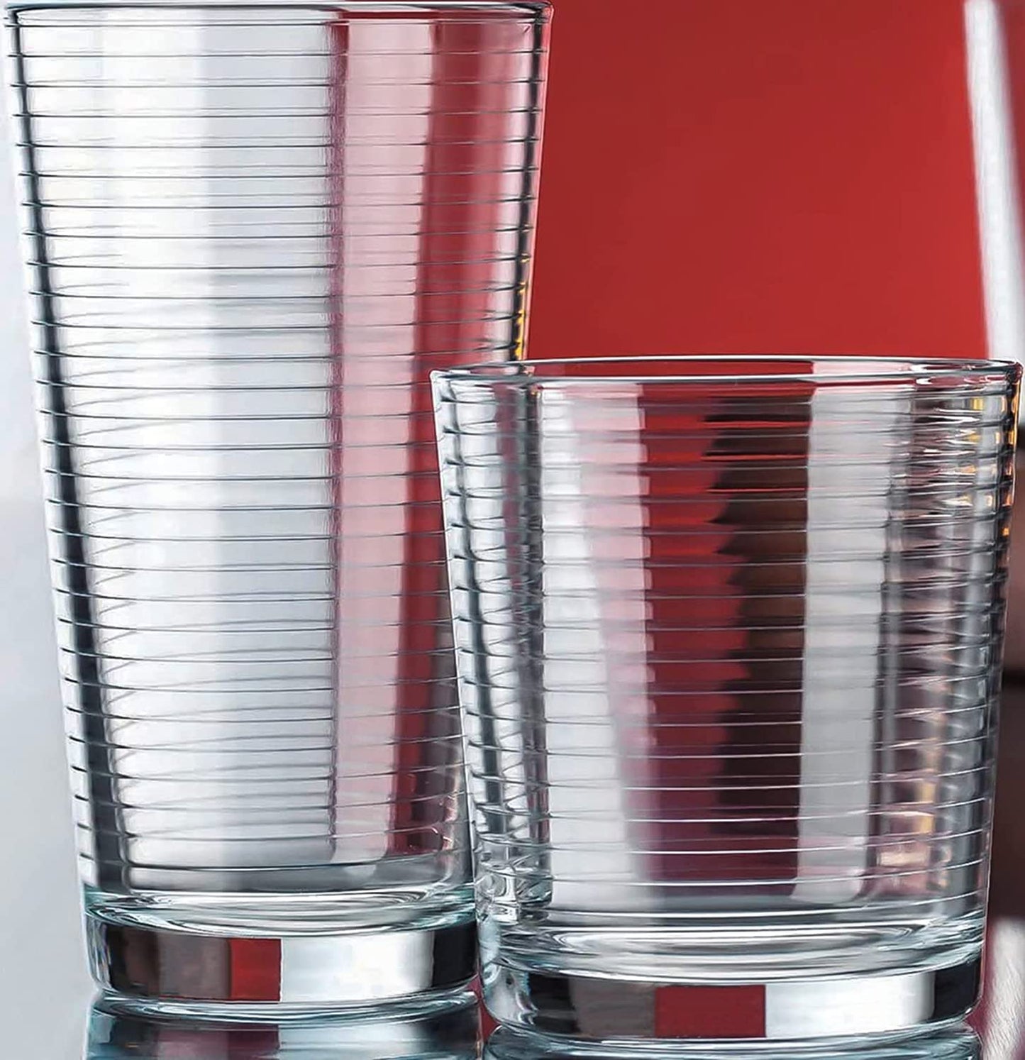 16-Piece Ribbed Glassware Set – 8 Highball & 8 Rocks Glasses – Clear Heavy Base Drinking Cups
