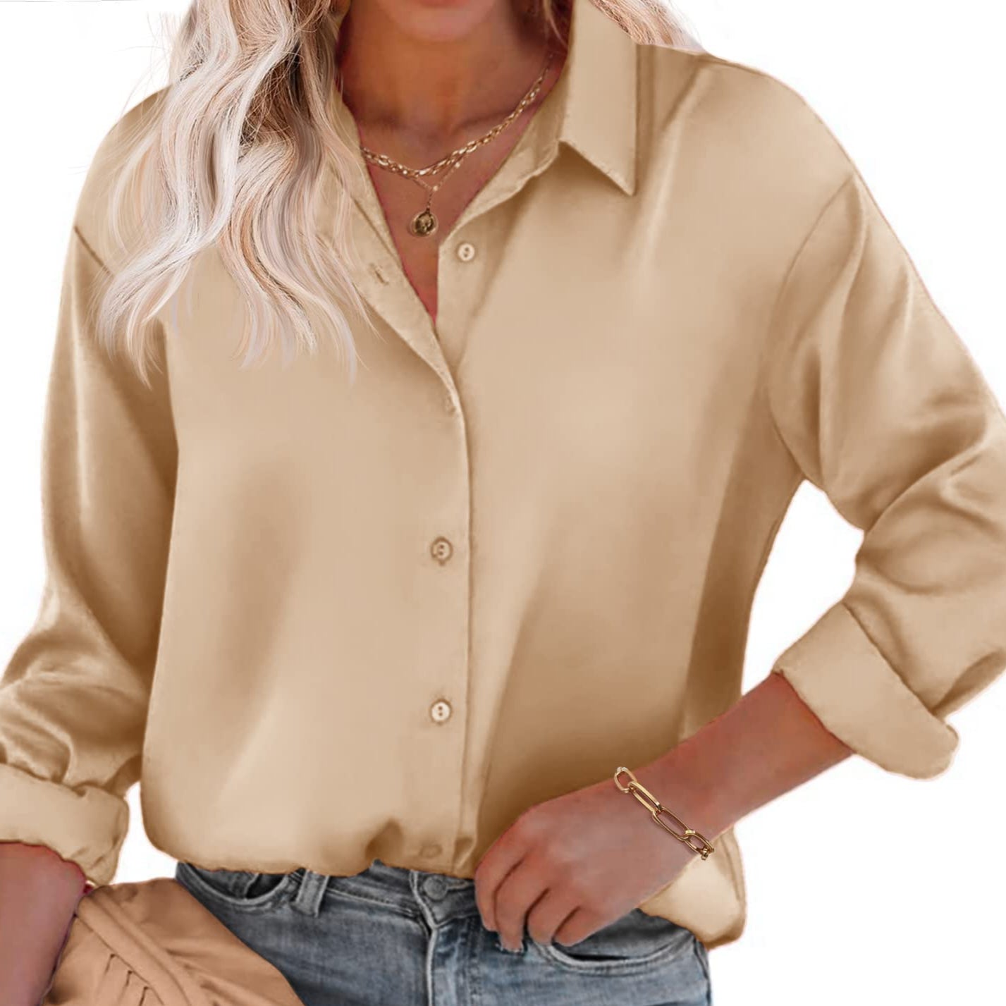 Satin Silk Blouse – Button Down, Long Sleeve, Loose Fit, Office Casual (Chigant) front view