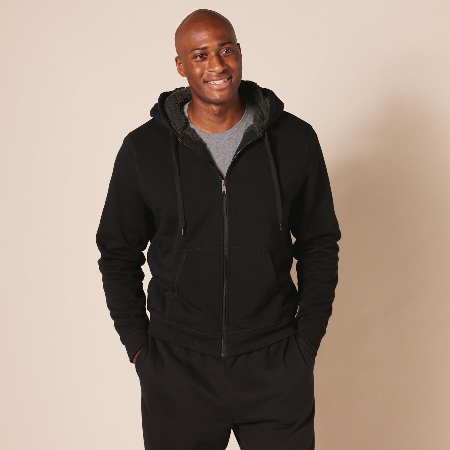 Men’s Sherpa-Lined Zip Hoodie – Black – Warm Fleece Core Layer (Amazon Essentials)
