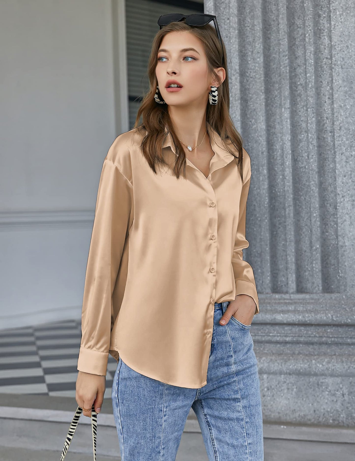 worn on a model Satin Silk Blouse – Button Down, Long Sleeve, Loose Fit, Office Casual (Chigant)
