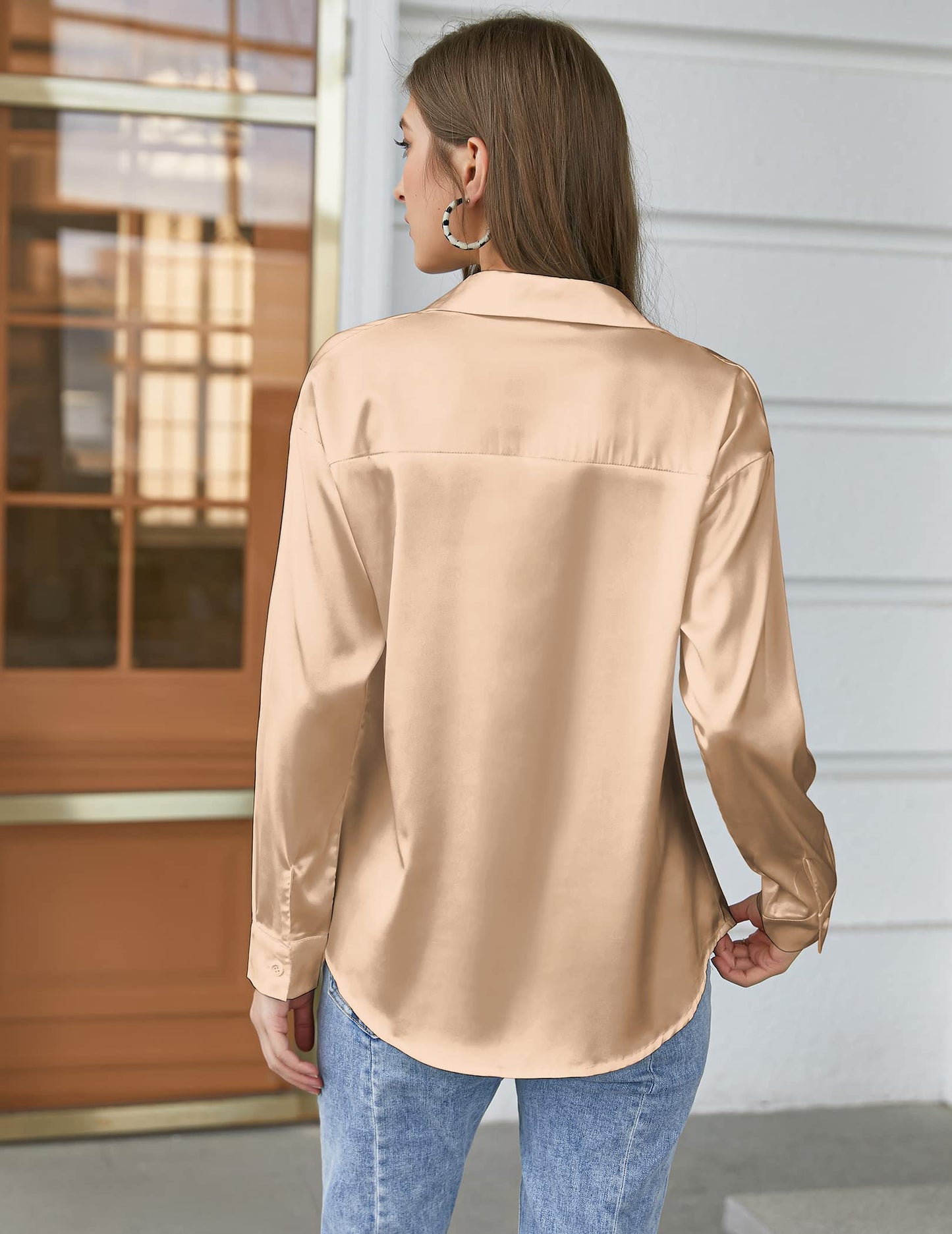 back view Satin Silk Blouse – Button Down, Long Sleeve, Loose Fit, Office Casual (Chigant)