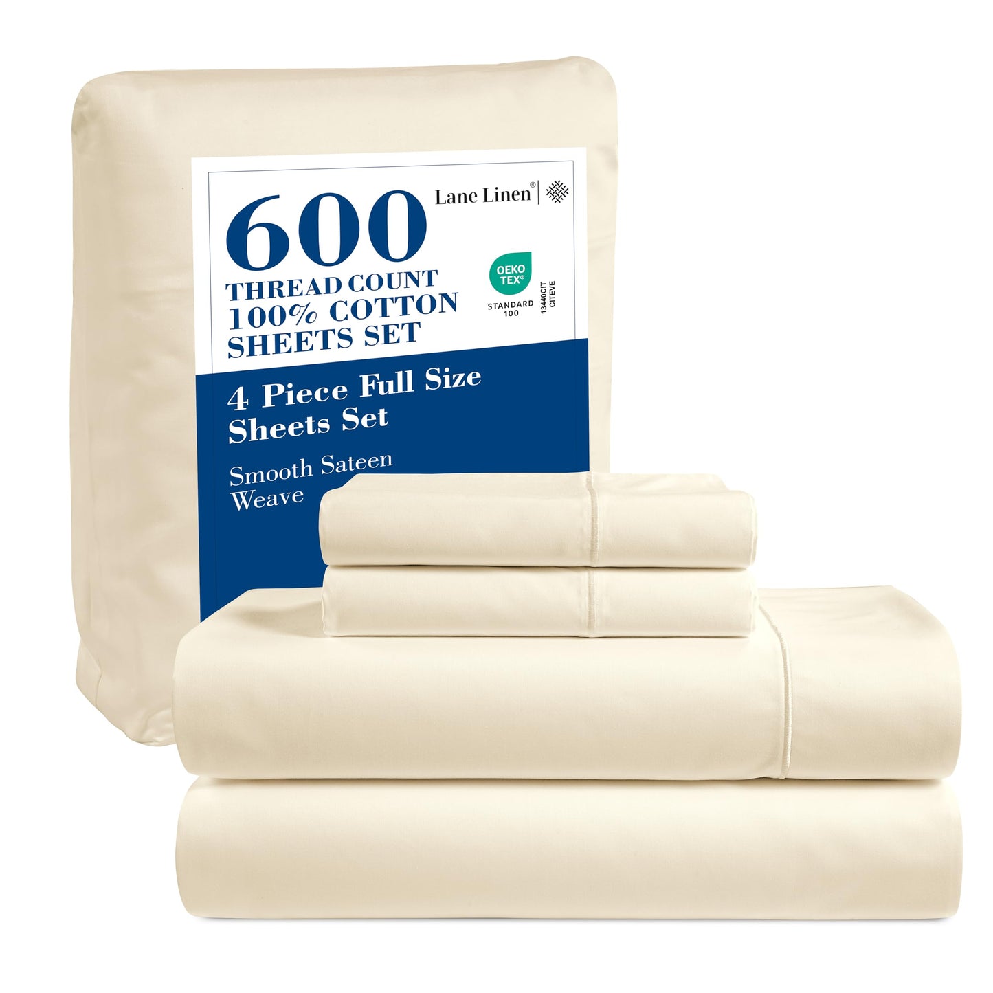LANE LINEN 600 Thread Count Full-Size Sheet Set – 100% Cotton Sateen – Deep Pocket Ivory Bed Sheets (4-Piece)