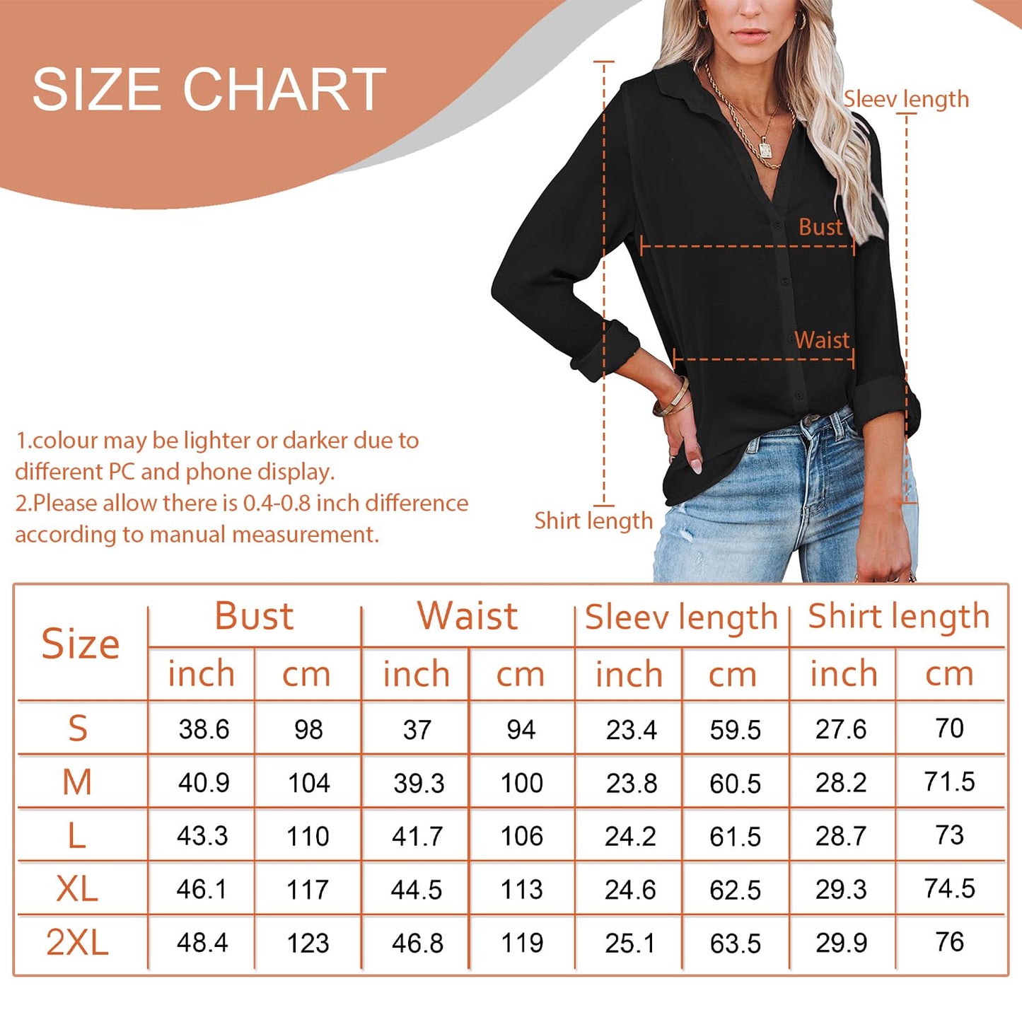 Button-Down Blouse – V-Neck, Long Sleeve, Office Casual, Lightweight – size chart