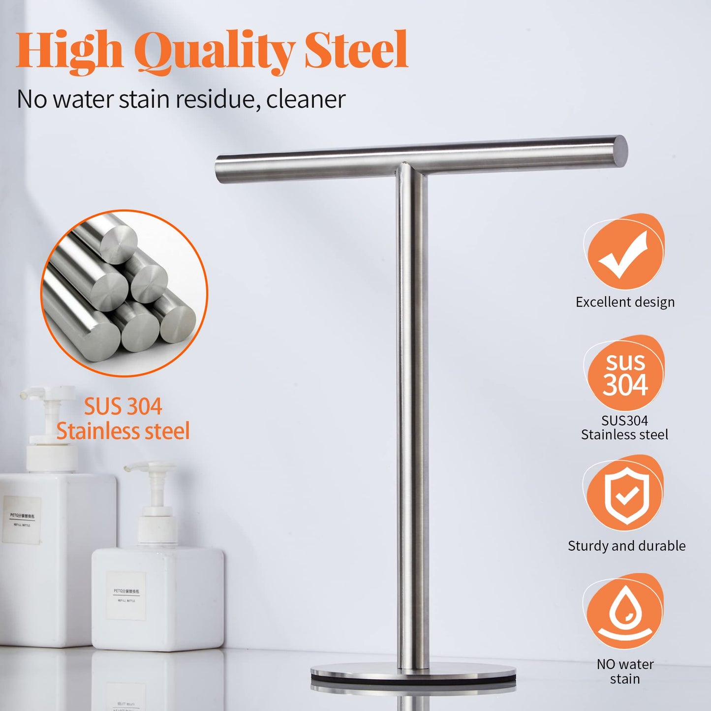Stainless Steel Hand Towel Holder Stand – Brushed Finish – Freestanding Countertop Rack with Anti-Slip Base – Multipurpose for Bathroom, Kitchen, or Jewelry Display