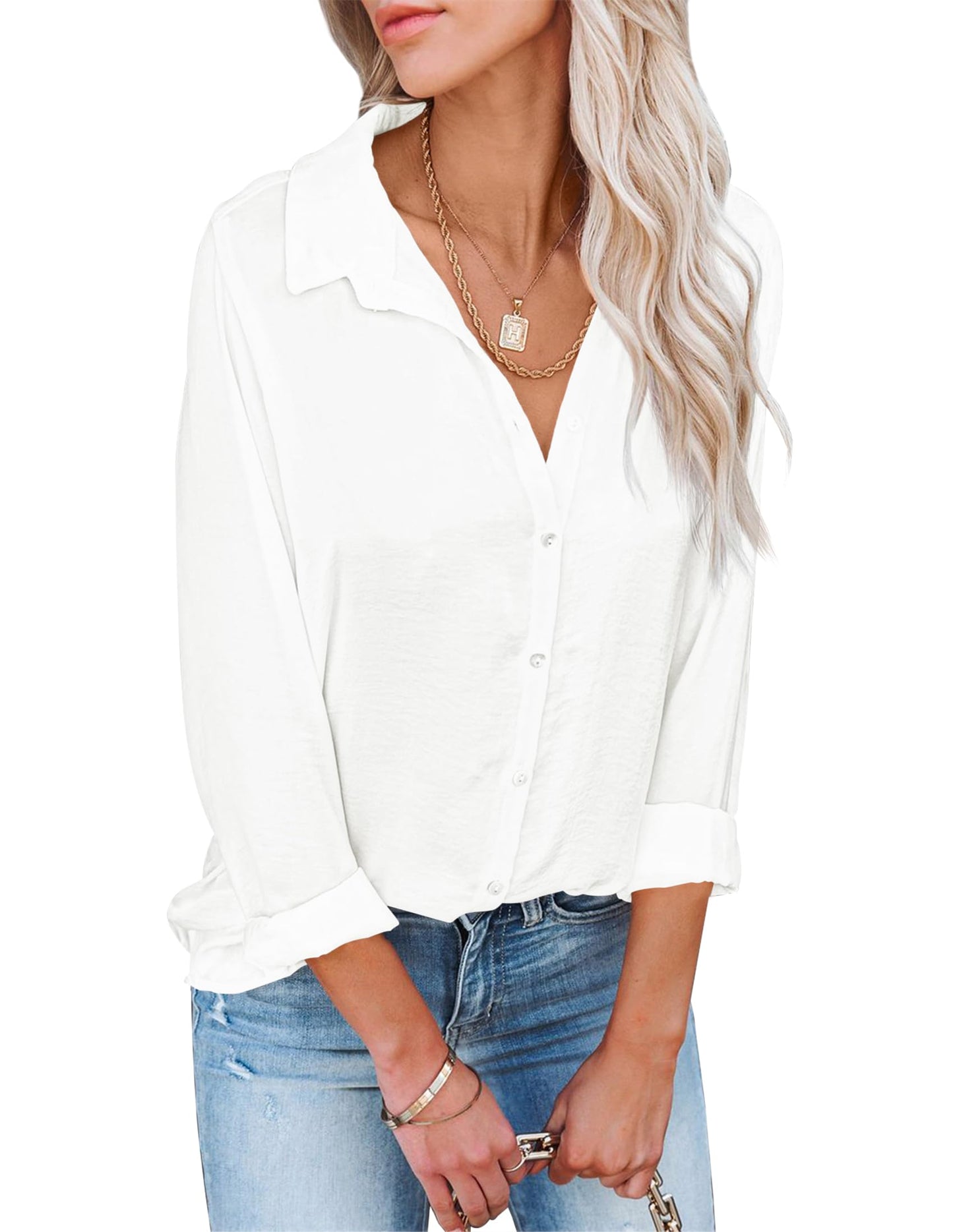 Button-Down Blouse – V-Neck, Long Sleeve, Office Casual, Lightweight – rolled sleeve view