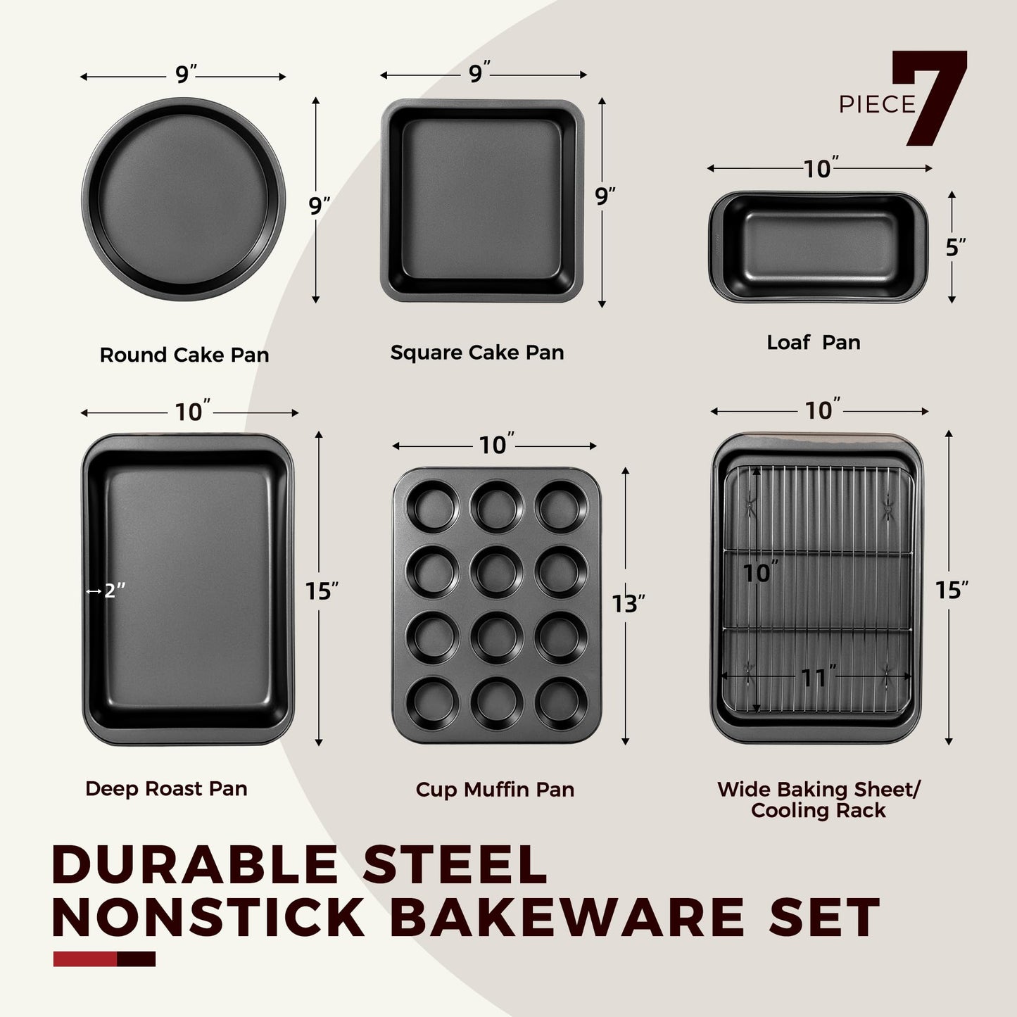KITESSENSU 7-Piece Nonstick Bakeware Set – Carbon Steel Pans with Silicone Handles – Muffin, Cake, Loaf, Cookie Sheet + More dimensions