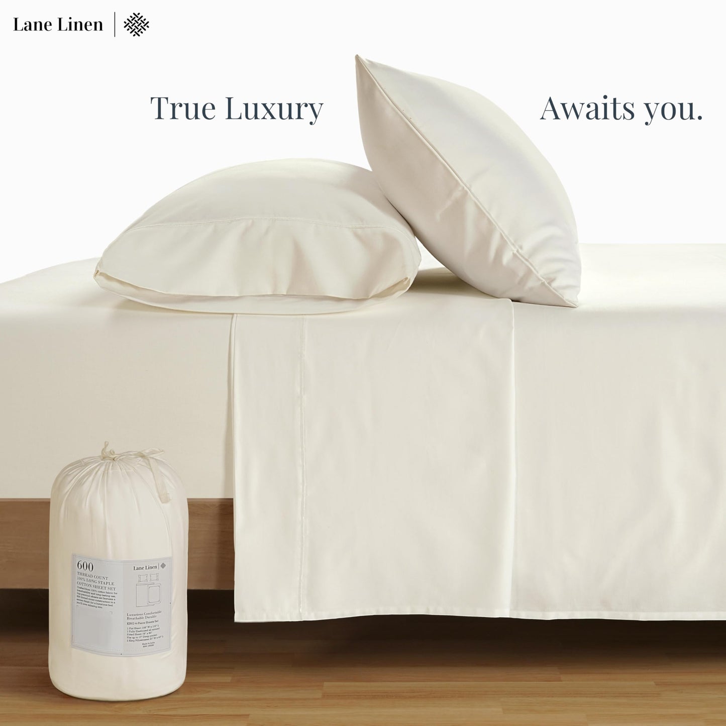 LANE LINEN 600 Thread Count Full-Size Sheet Set – 100% Cotton Sateen – Deep Pocket Ivory Bed Sheets (4-Piece)