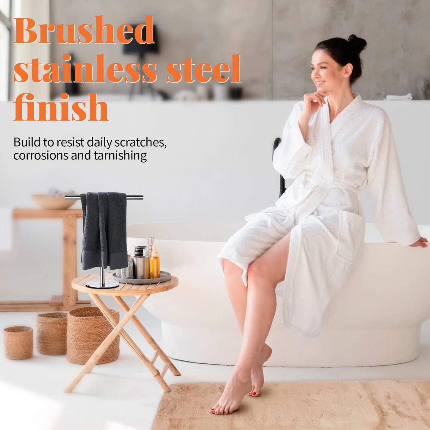 Stainless Steel Hand Towel Holder Stand – Brushed Finish – Freestanding Countertop Rack with Anti-Slip Base – Multipurpose for Bathroom, Kitchen, or Jewelry Display