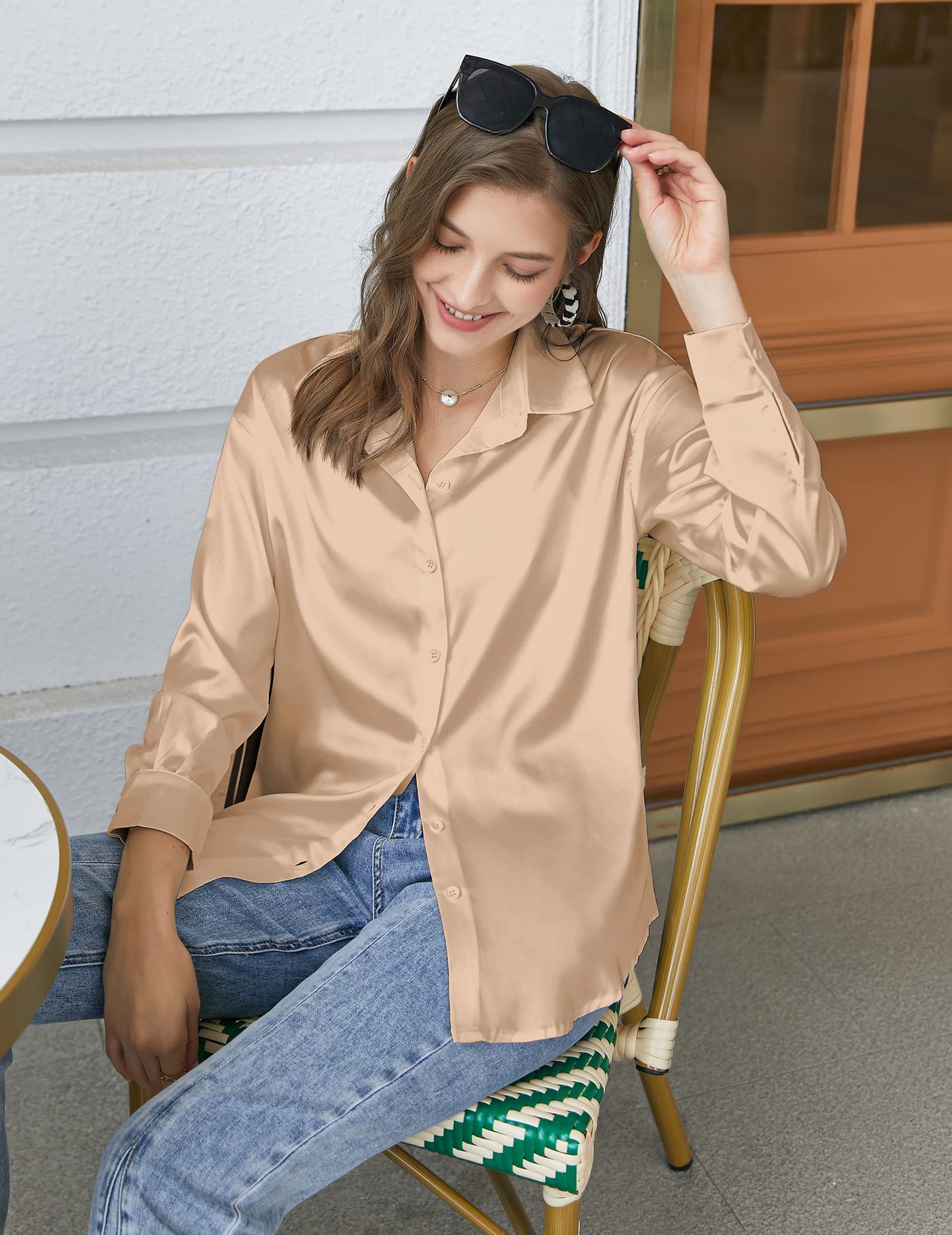 styled untucked on a model Satin Silk Blouse – Button Down, Long Sleeve, Loose Fit, Office Casual (Chigant)