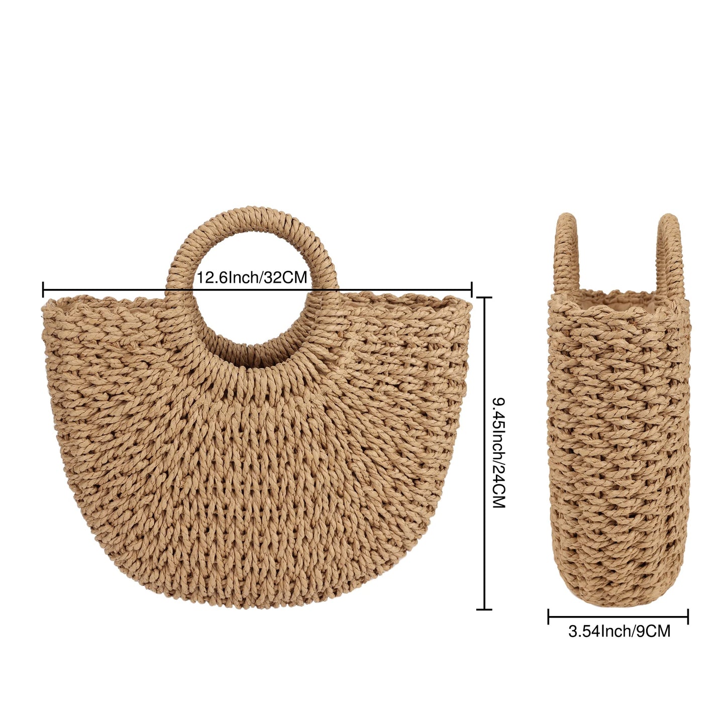 Straw Tote Bag – Half-Moon Shape – Circle Handles – Brown (Youjaree)