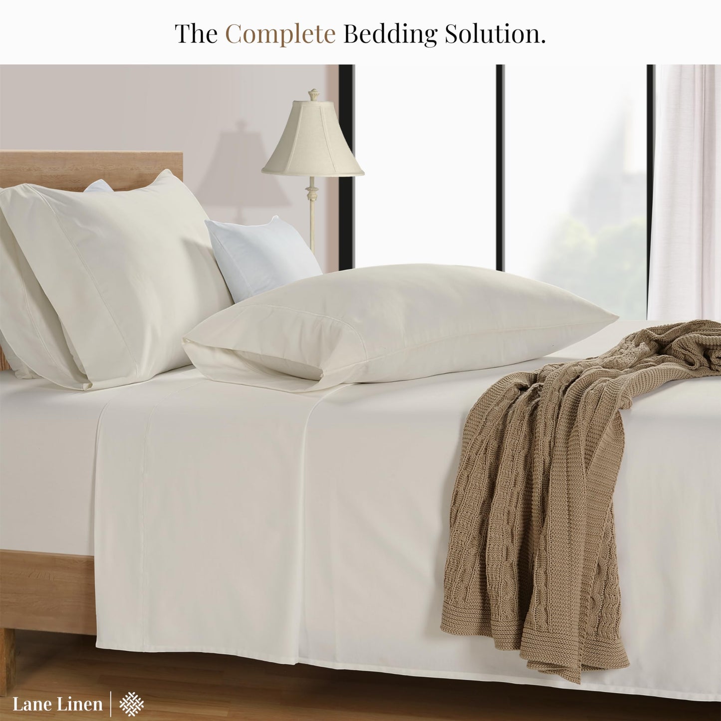 LANE LINEN 600 Thread Count Full-Size Sheet Set – 100% Cotton Sateen – Deep Pocket Ivory Bed Sheets (4-Piece) shown on a bed