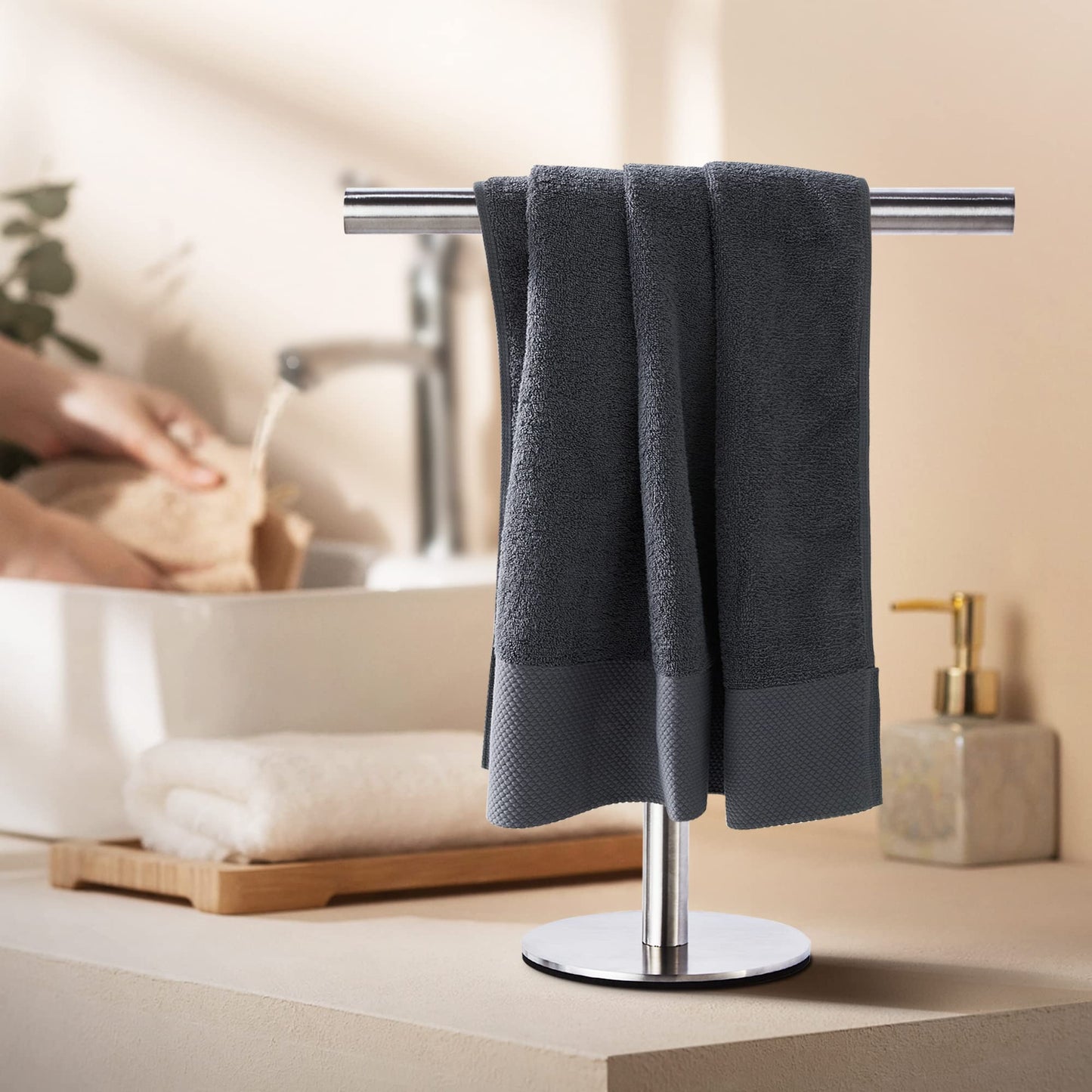 Stainless Steel Hand Towel Holder Stand – Brushed Finish – Freestanding Countertop Rack with Anti-Slip Base – Multipurpose for Bathroom, Kitchen, or Jewelry Display
