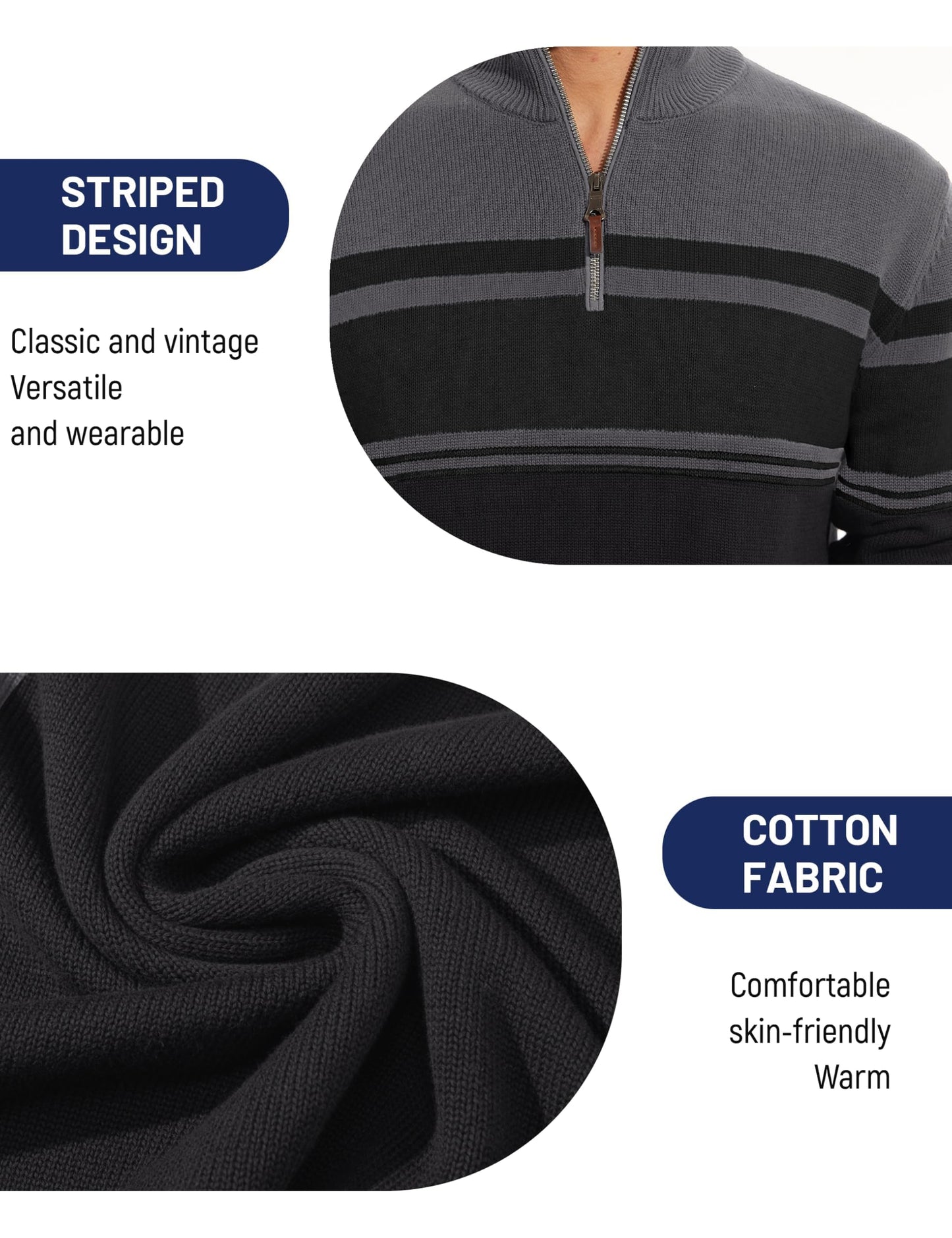 Men’s Half-Zip Polo Sweater – Slim Fit – Striped Detail – Dark Grey (TACVASEN)
