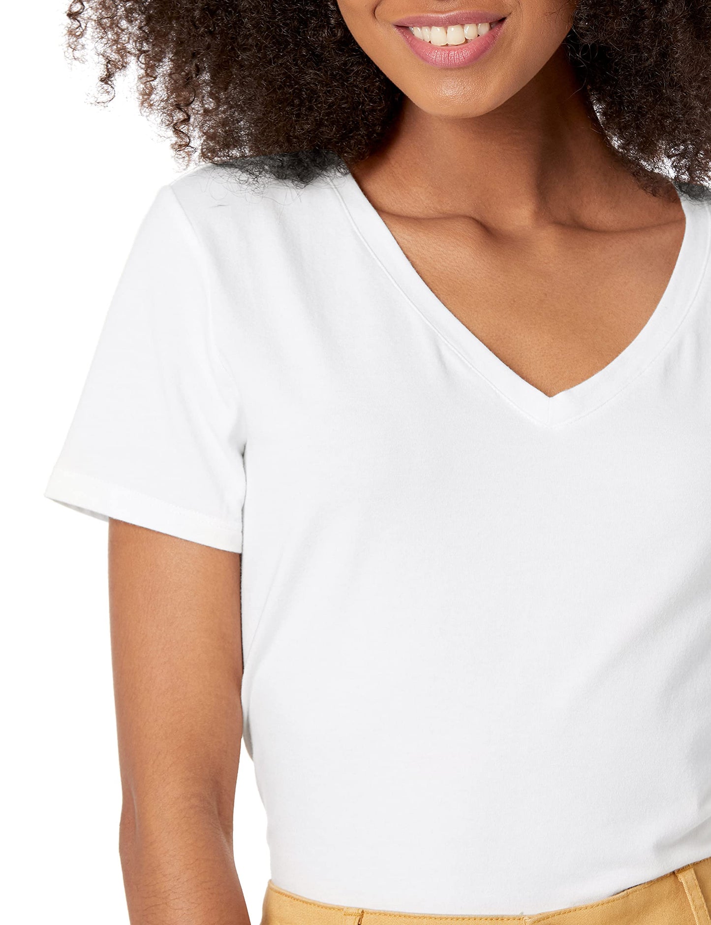 2-Pack V-Neck T-Shirts – Classic Fit, Short Sleeve, Soft Cotton Blend (Amazon Essentials) white close up view