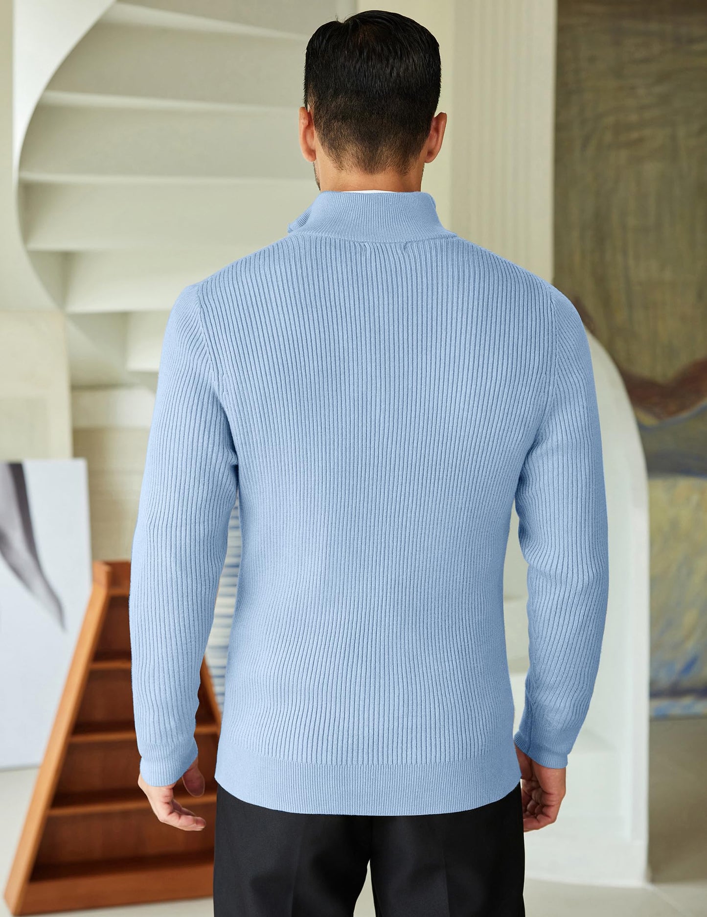Men’s Light Blue Quarter-Zip Sweater – Slim Fit – Mock Neck Pullover (COOFANDY)