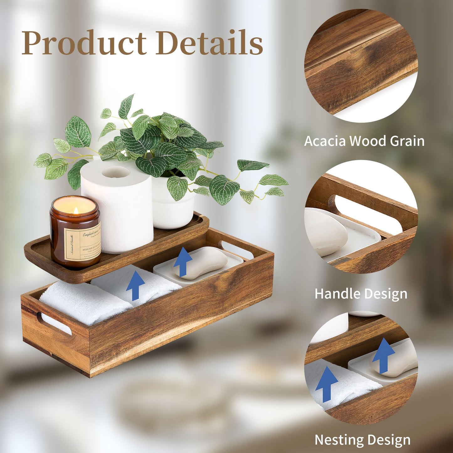 Toilet Tank 2-Piece Rustic Bathroom Organizer & Vanity Tray