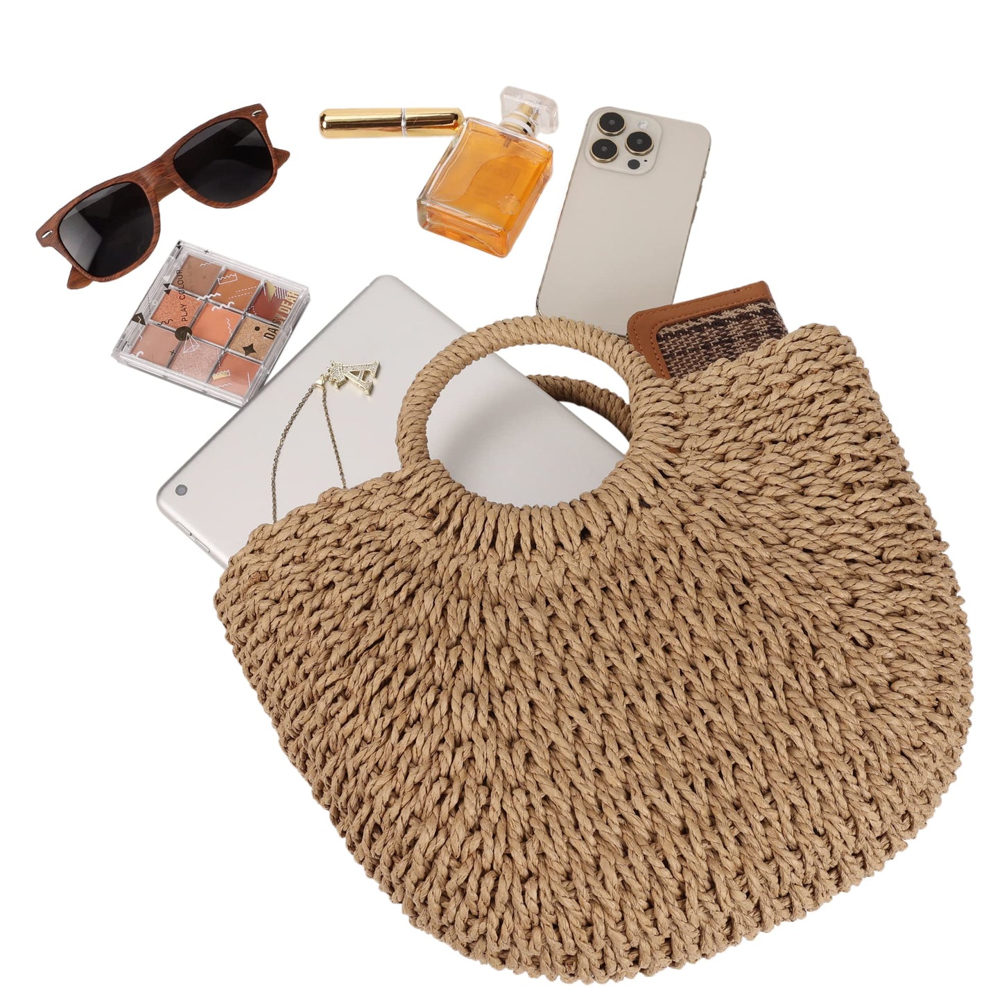 Straw Tote Bag – Half-Moon Shape – Circle Handles – Brown (Youjaree)