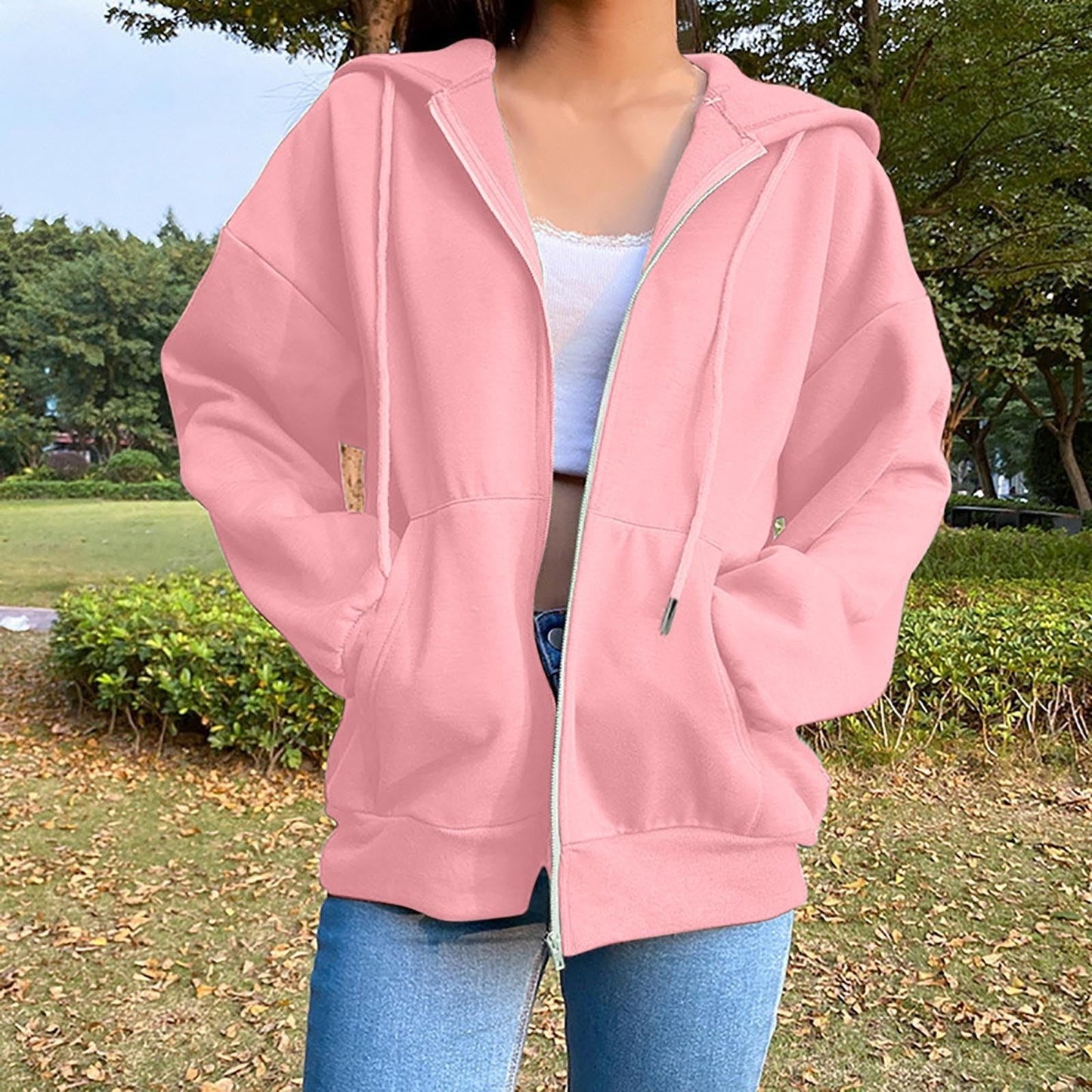 Pink Full Zip Hoodie – Lightweight Drawstring Sweatshirt – Long Sleeve with Pockets