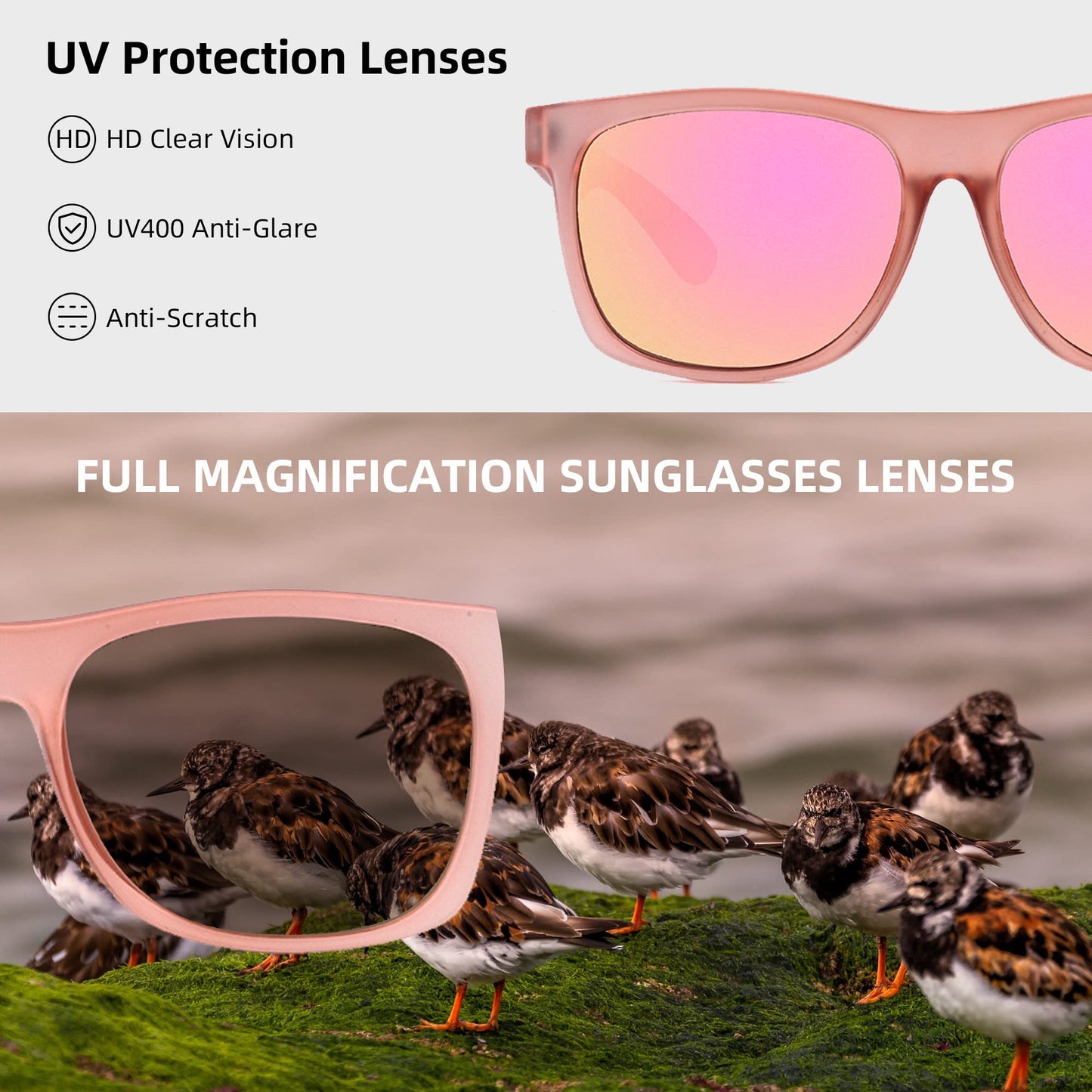 Rose Pink Full-Lens Reading Sunglasses – UV400 Protection – Non-Bifocal Magnified Lenses (SOPHILY)