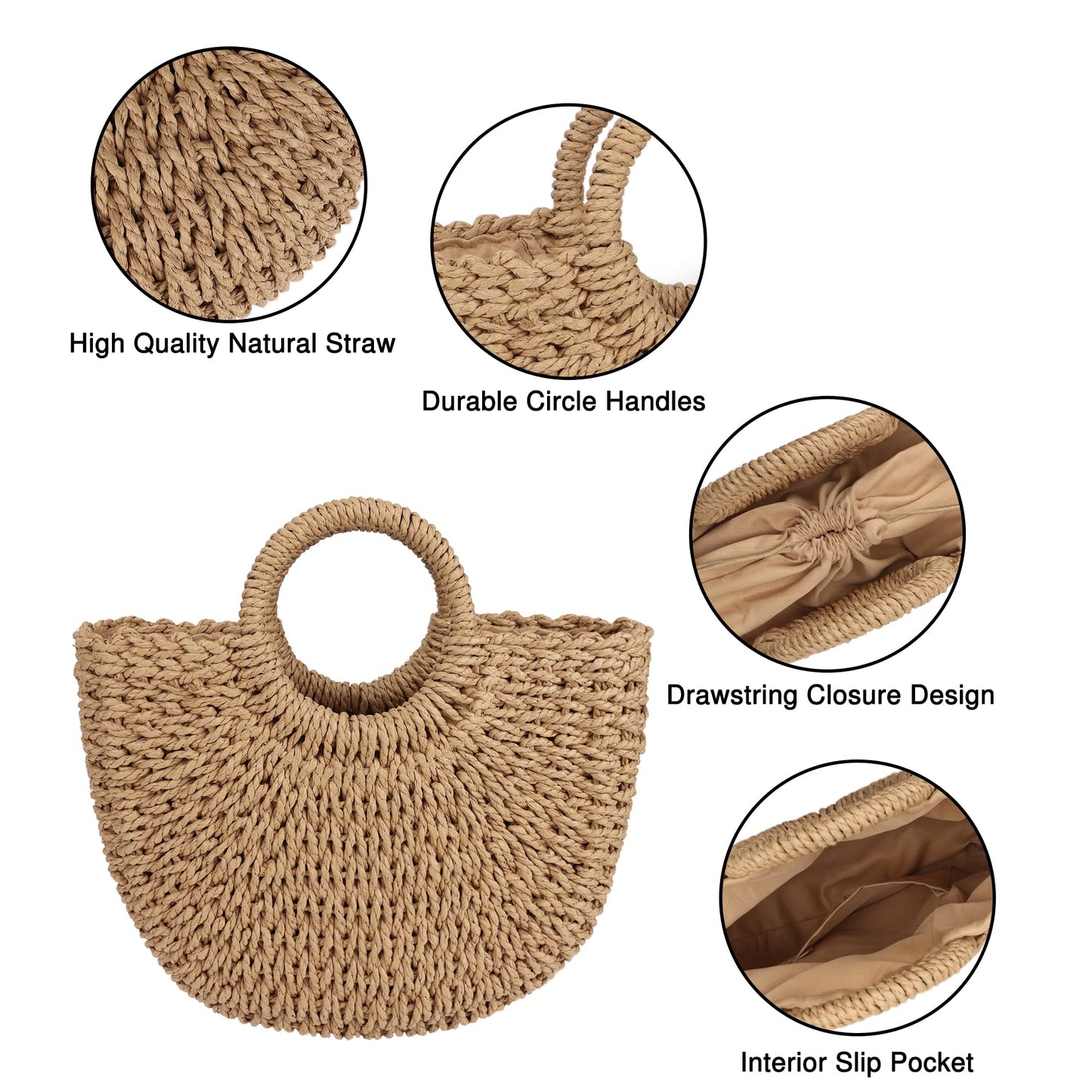 Straw Tote Bag – Half-Moon Shape – Circle Handles – Brown (Youjaree)