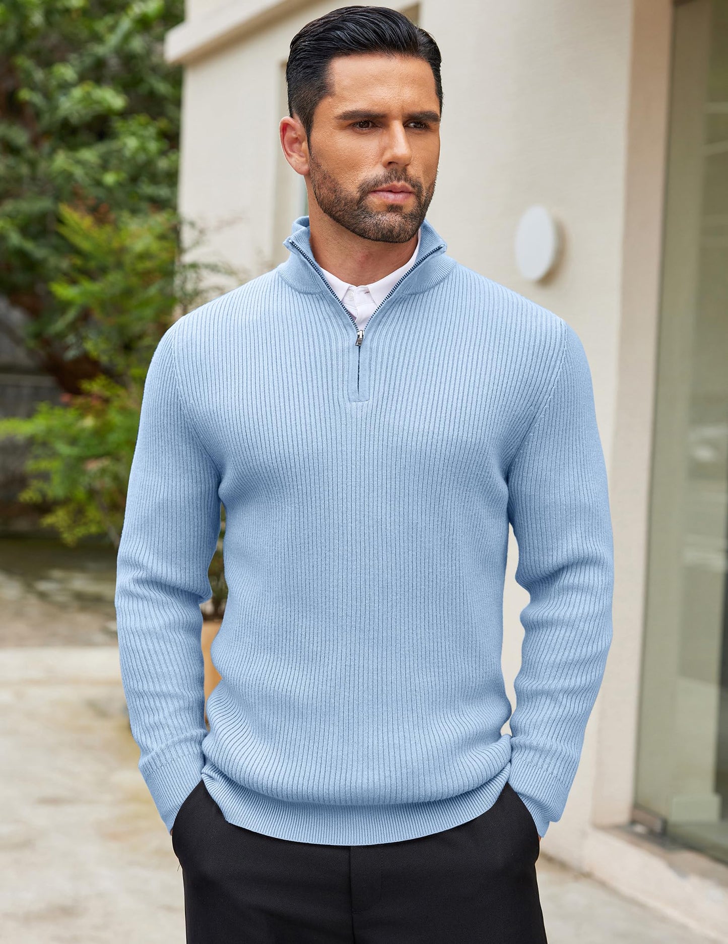 Men’s Light Blue Quarter-Zip Sweater – Slim Fit – Mock Neck Pullover (COOFANDY)