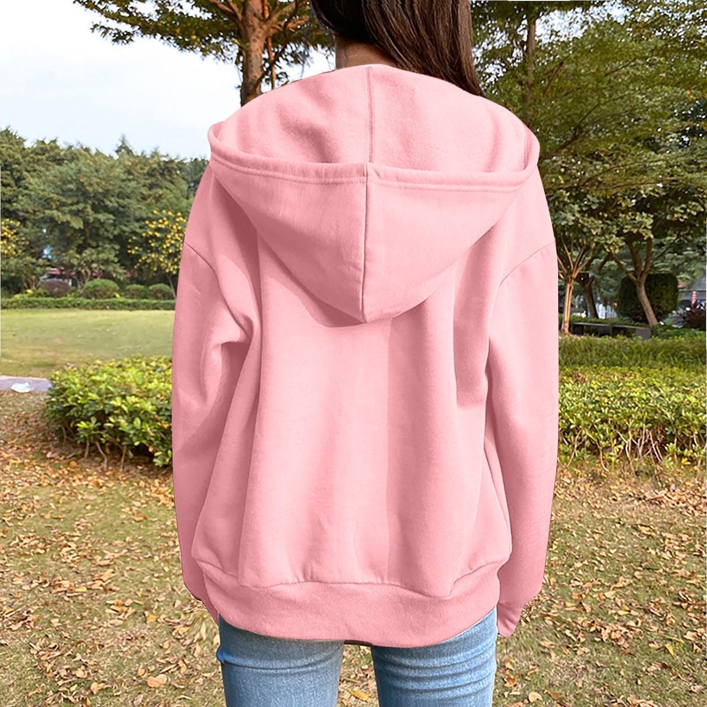 Pink Full Zip Hoodie – Lightweight Drawstring Sweatshirt – Long Sleeve with Pockets