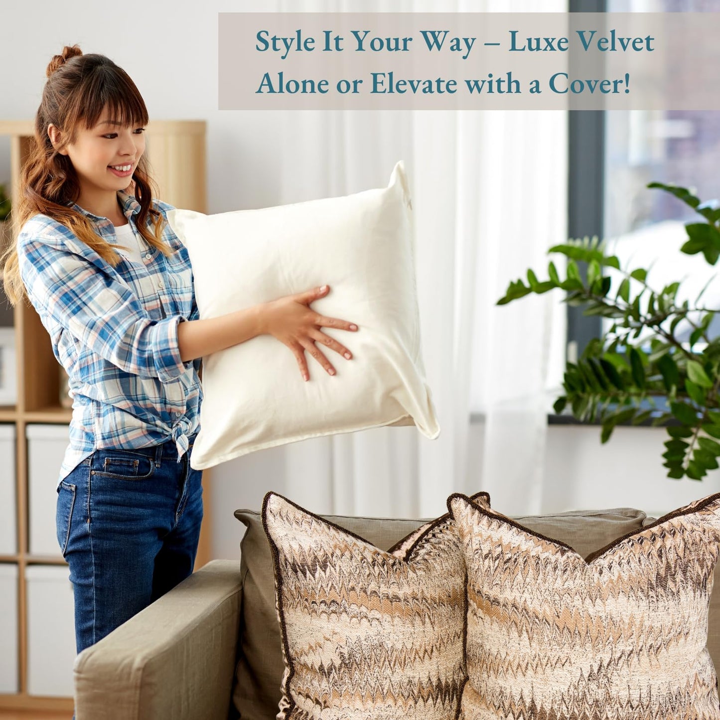 LANE LINEN Throw Pillow Inserts – Pack of 2 – 18x18 Inch Beige Velvet Cushion Inserts for Couch, Bed & Living Room Decor