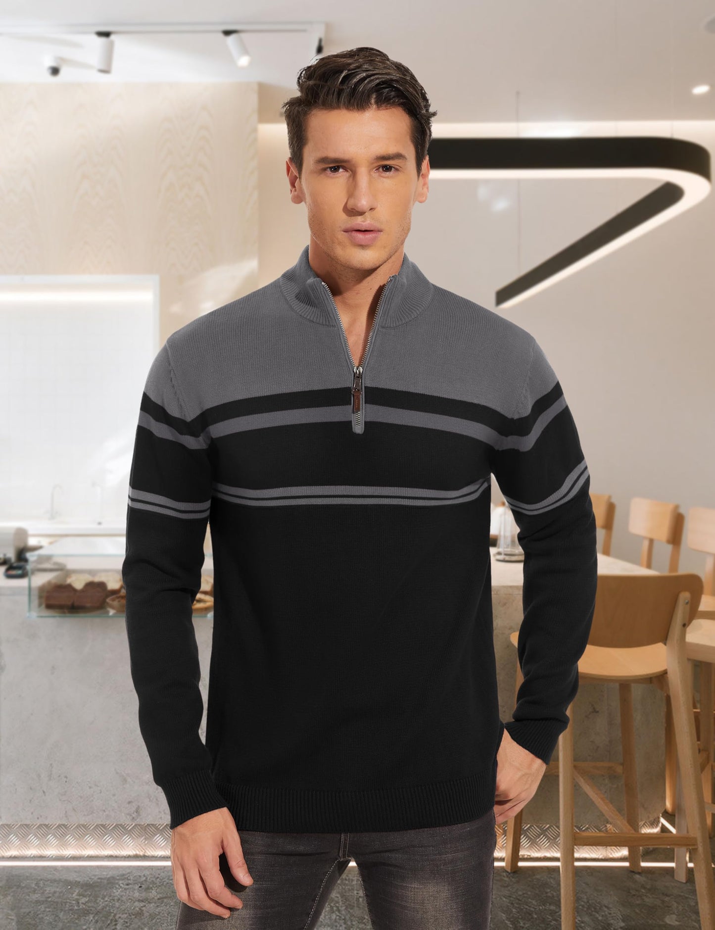 TACVASEN Men’s Half-Zip Polo Sweater – Slim Fit Cotton Pullover – Dark Grey
