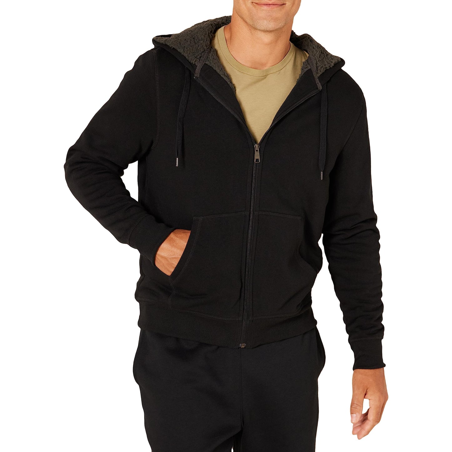 Men’s Sherpa-Lined Zip Hoodie – Black – Warm Fleece Core Layer (Amazon Essentials)