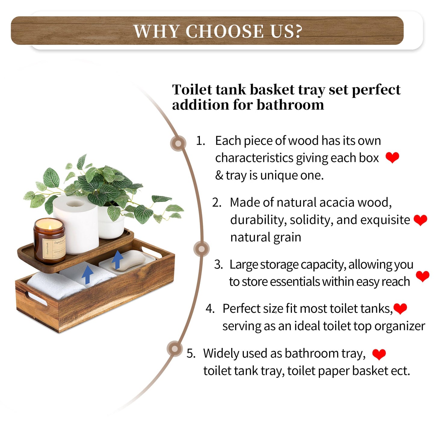 Toilet Tank 2-Piece Rustic Bathroom Organizer & Vanity Tray