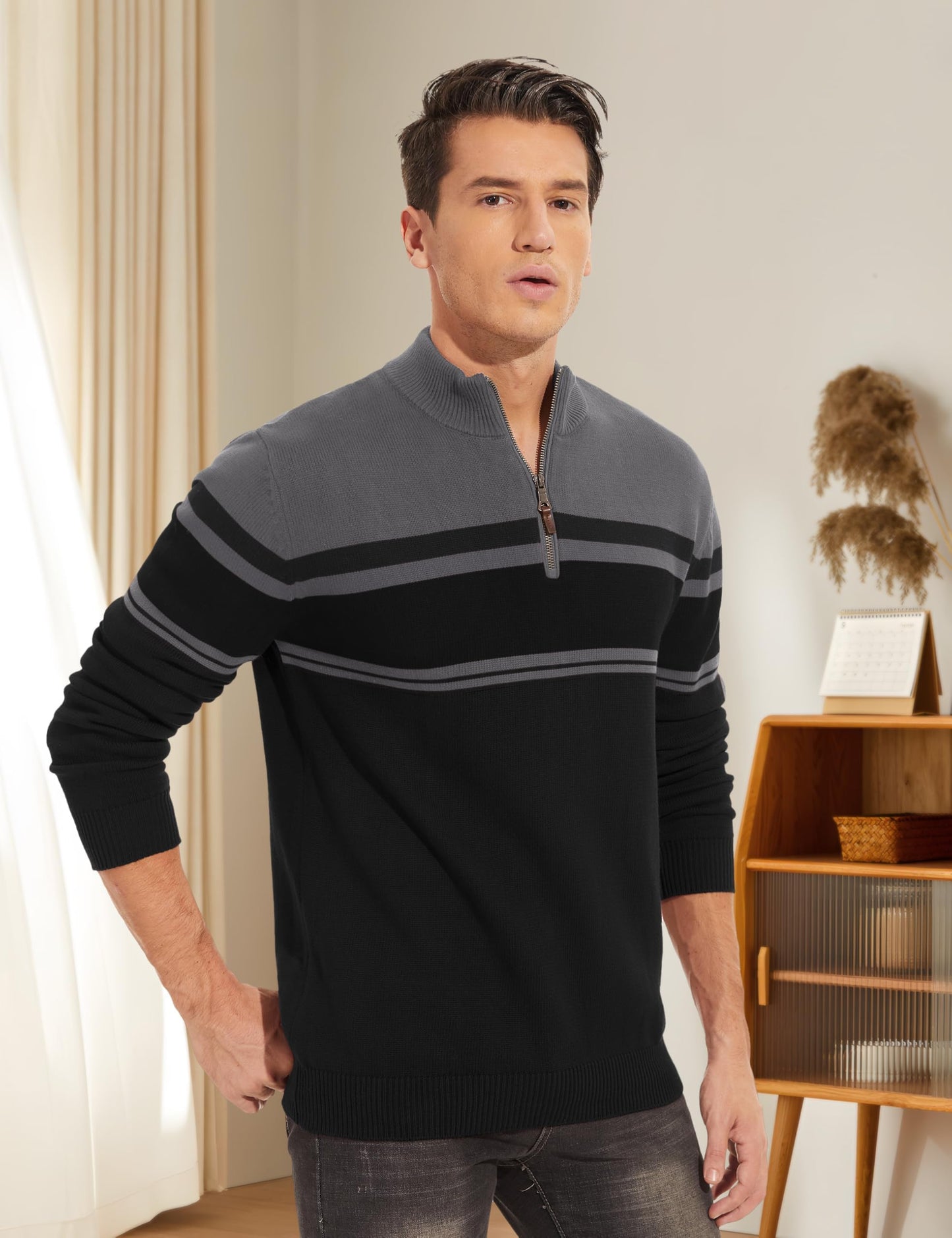 TACVASEN Men’s Half-Zip Polo Sweater – Slim Fit Cotton Pullover – Dark Grey