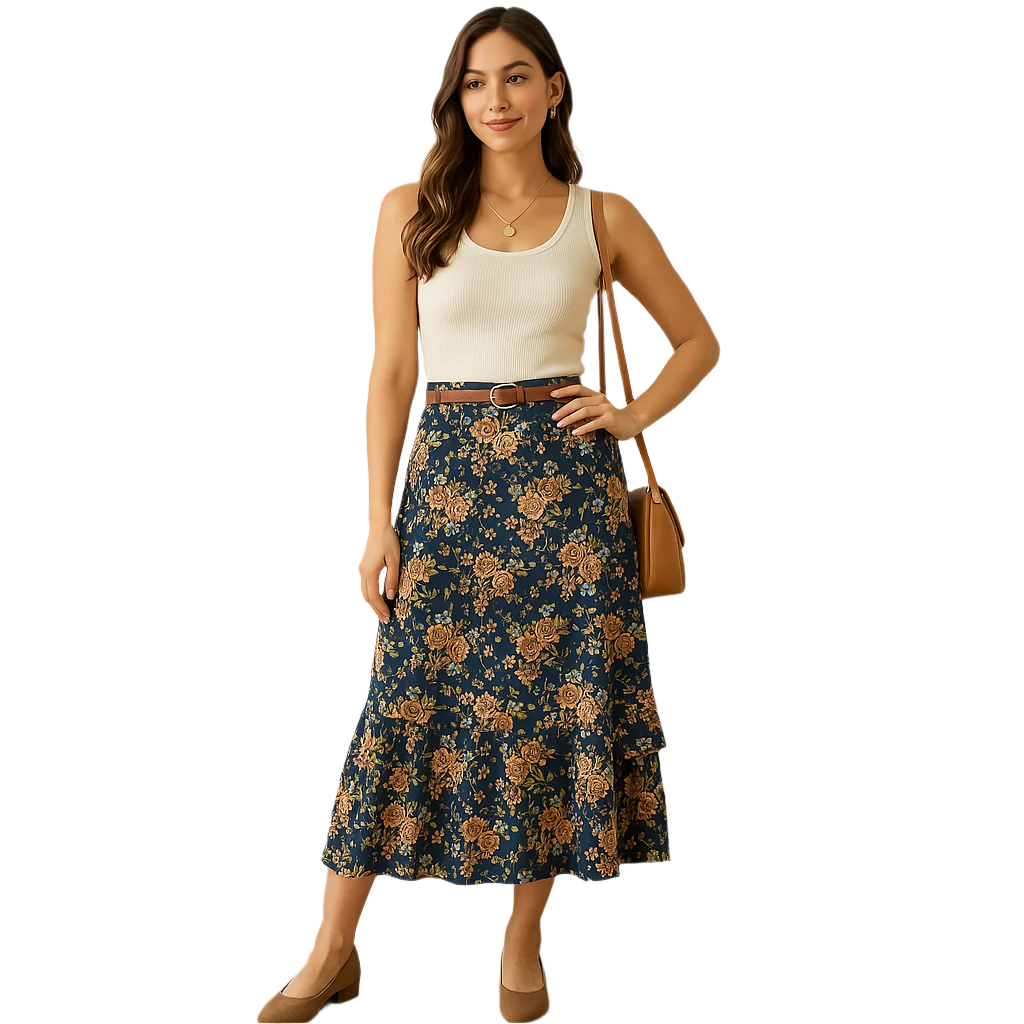 Women's Floral Midi Skirt – Tiered Ruffle – Size 14 (Lizsport) ai generated model wearing the skirt