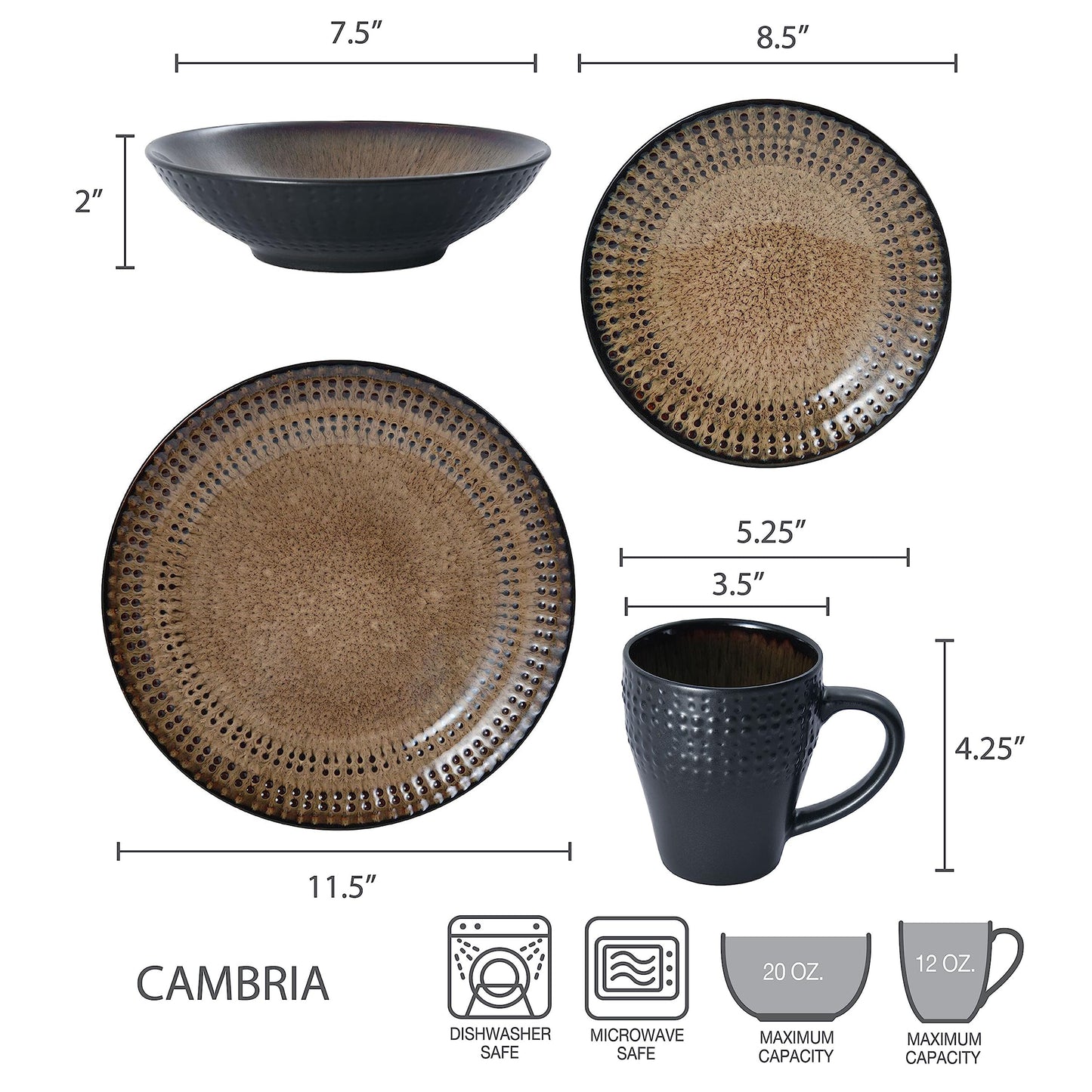 Pfaltzgraff Cambria 16-Piece Stoneware Dinnerware Set – Service for 4 – Dark Brown dimensions