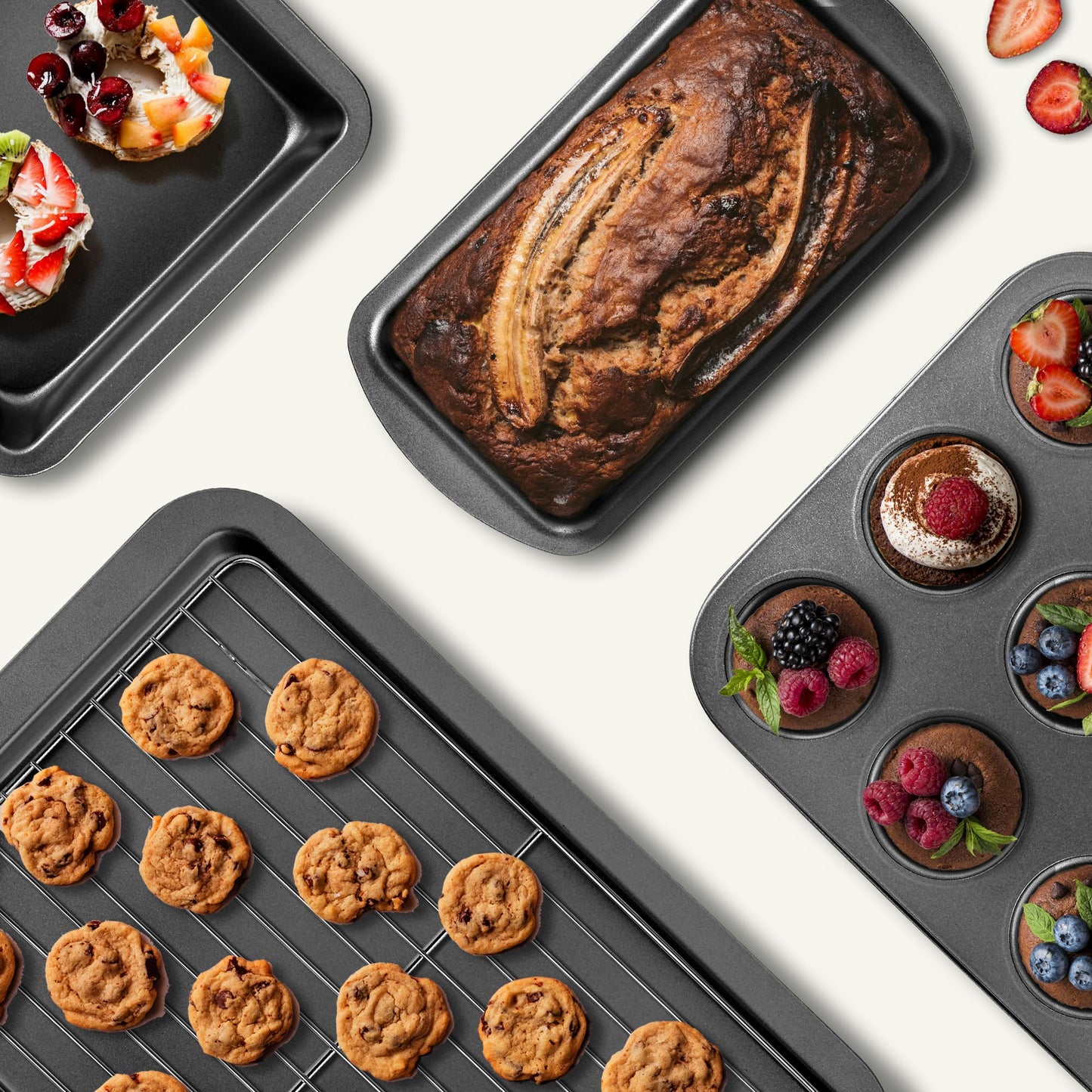 7-Piece Nonstick Bakeware Set – Carbon Steel Pans with Silicone Handles – Muffin, Cake, Loaf, Cookie Sheet + More