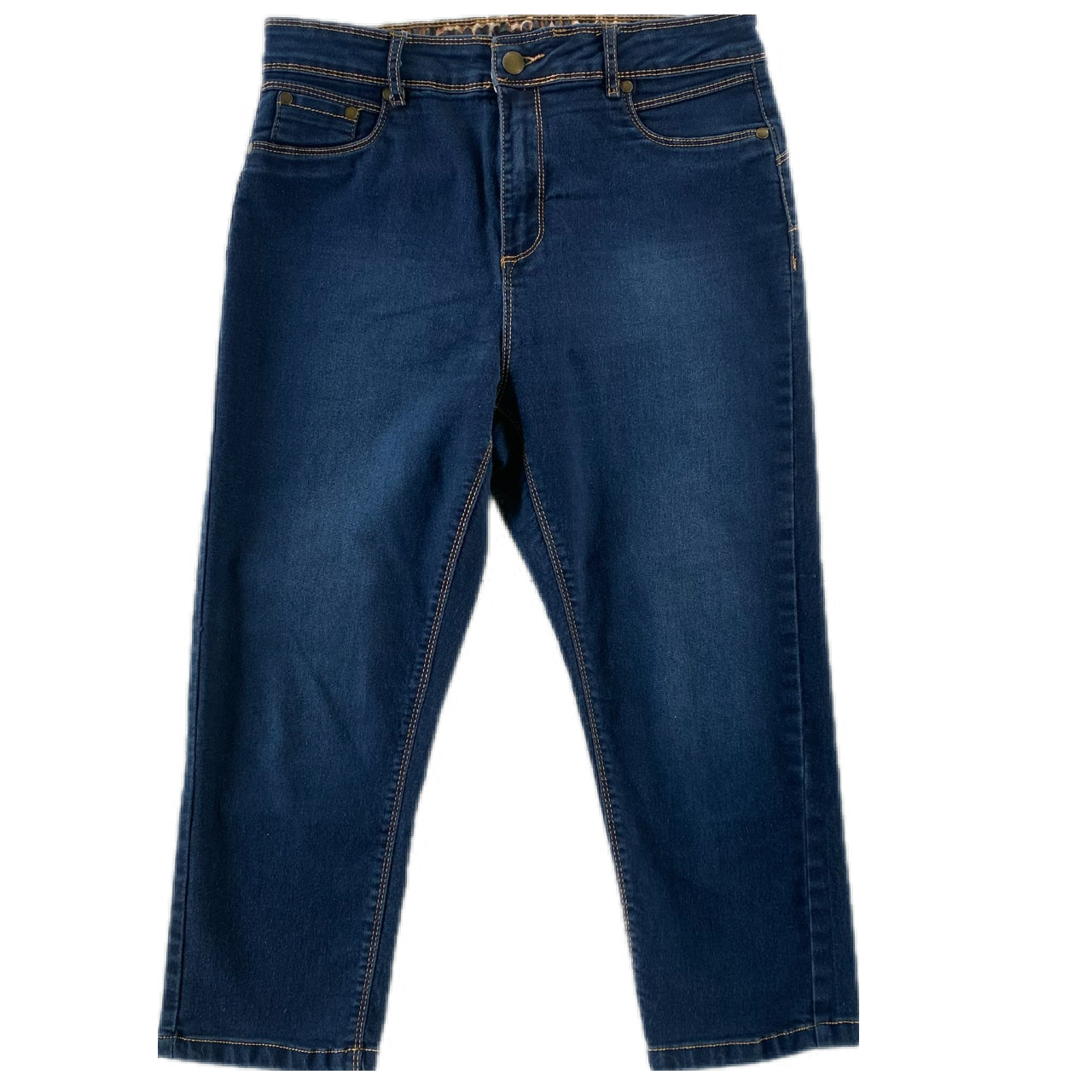 Women's Dark Wash Stretch Denim Capris – Slim Fit & Mid-Rise – Size 8 (Suko)front view