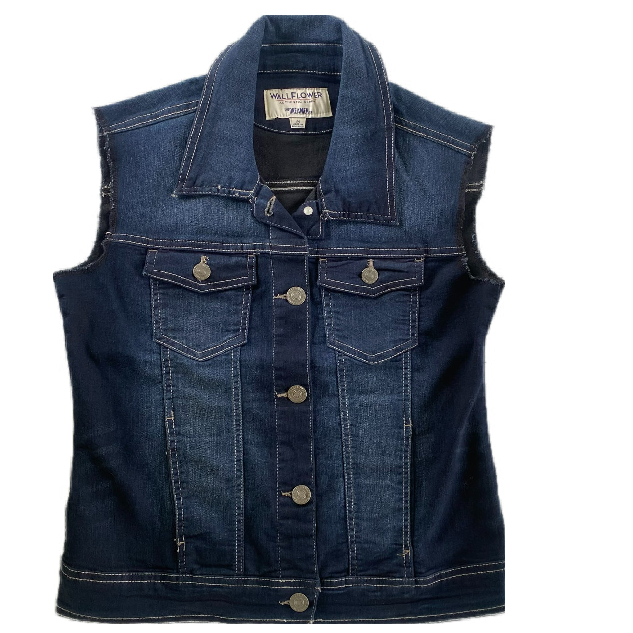 Women's Sleeveless Stretch Denim Vest – Fitted & Edgy – Size Medium (Wallflower)full front flat lay view