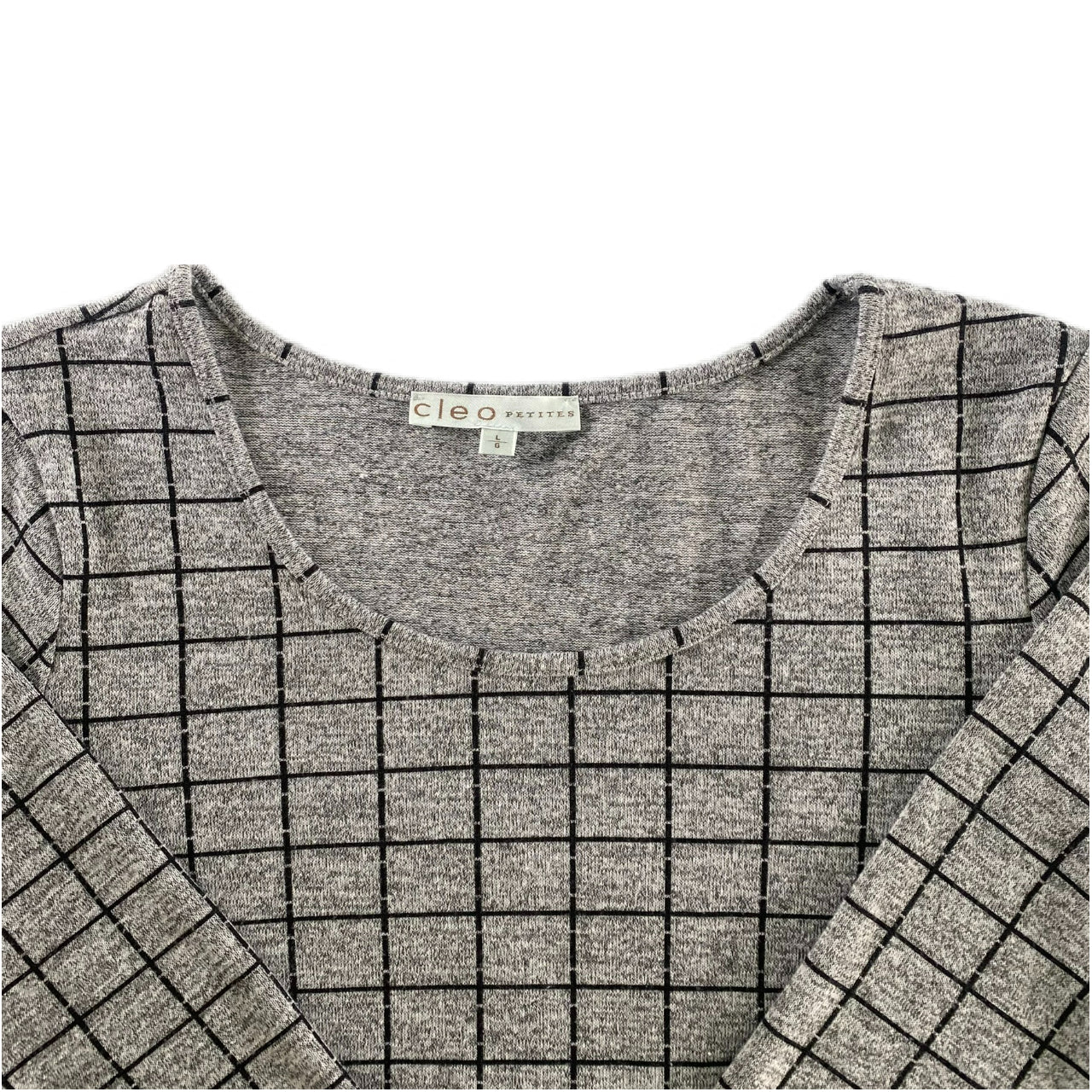 Women's Windowpane Grid Print Sweater – Soft & Stretchy – Size Large (Cleo)close up of neckline