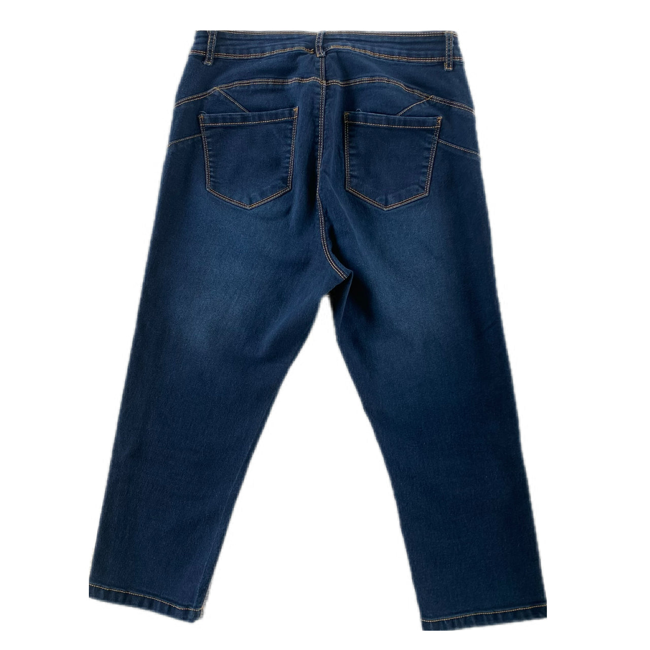 Women's Dark Wash Stretch Denim Capris – Slim Fit & Mid-Rise – Size 8 (Suko)back view flat lay