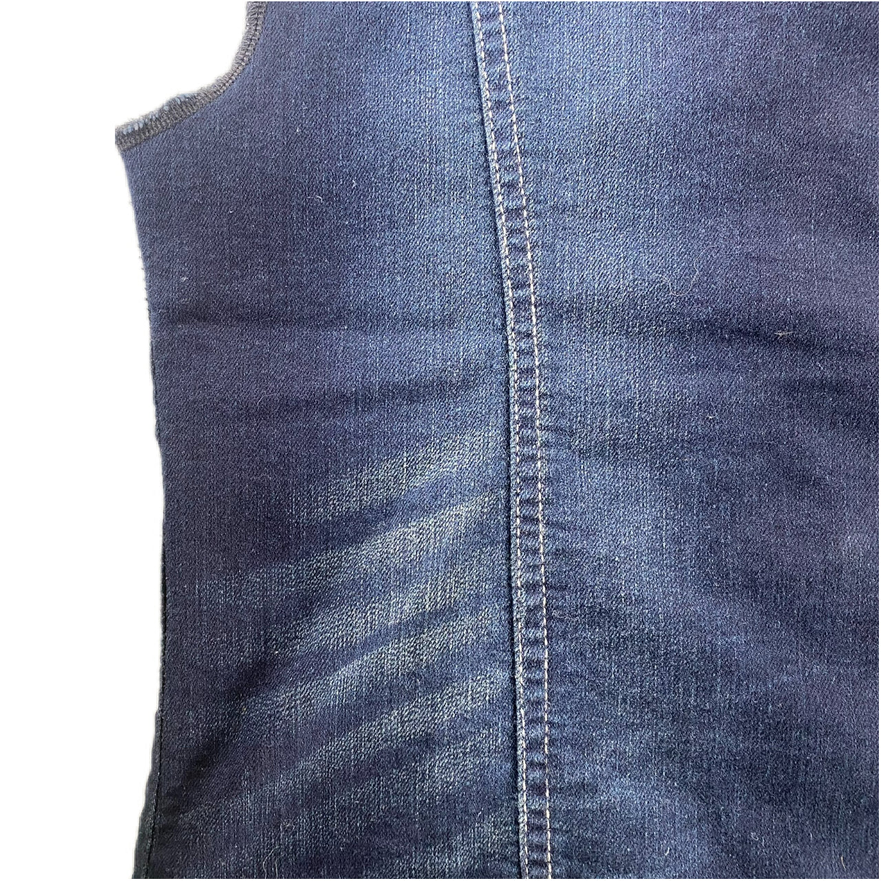 Women's Sleeveless Stretch Denim Vest – Fitted & Edgy – Size Medium (Wallflower)close up distress on back